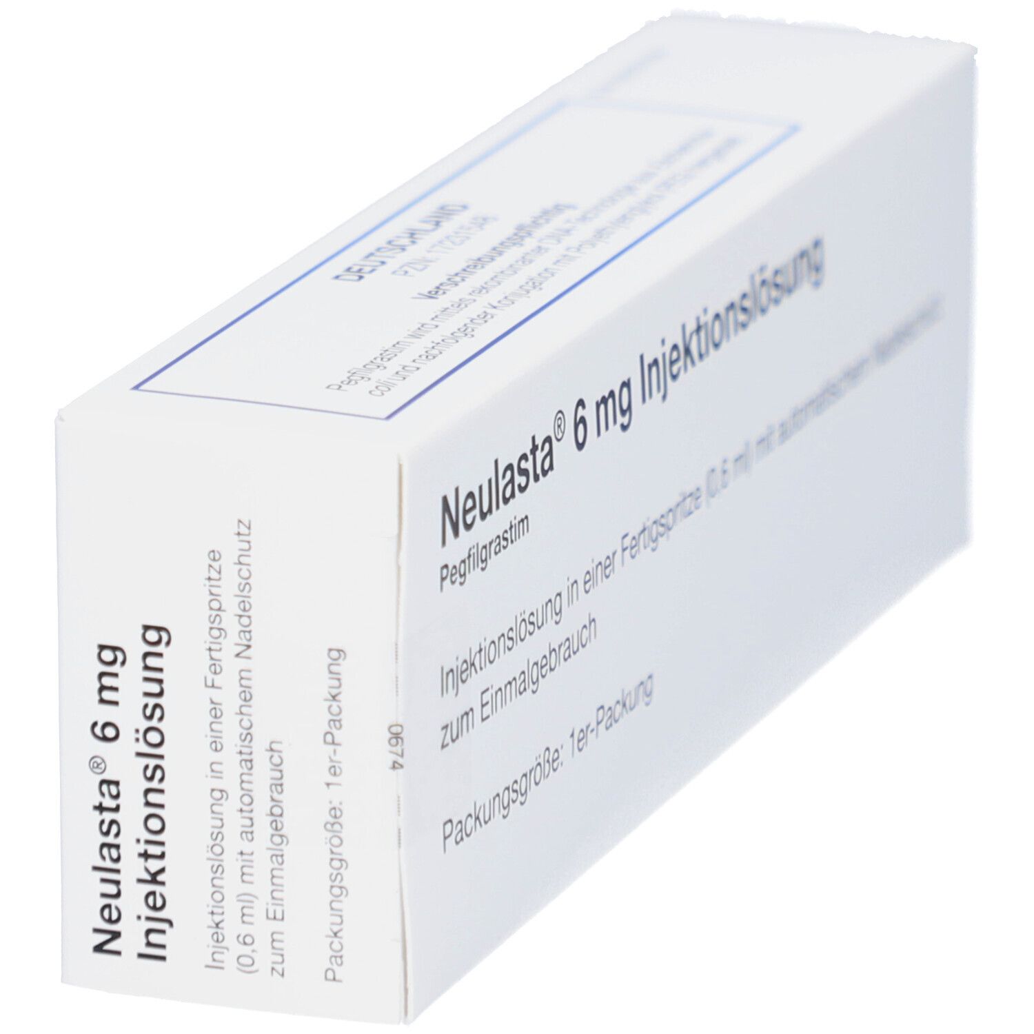 Weiße Verpackung, schräg von der Seite. Aufschrift: Neulasta 6 mg Injektionslösung. Fertigspritze mit Nadelschutz.