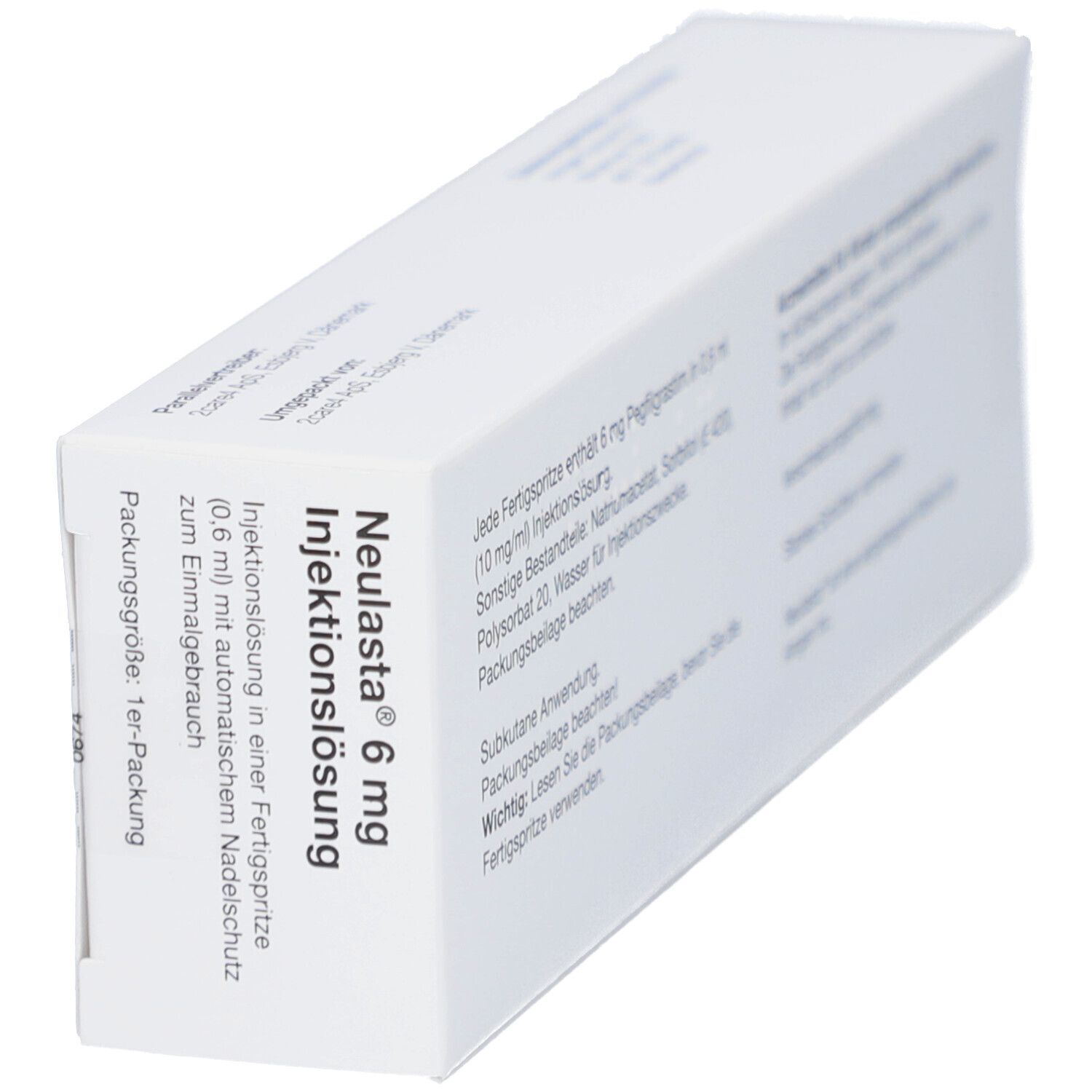 Weiße Verpackung, schräg von der Seite. Aufschrift: Neulasta 6 mg Injektionslösung. Fertigspritze mit Nadelschutz.