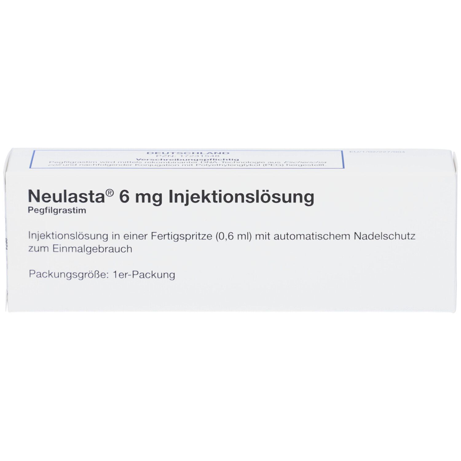 Weiße rechteckige Verpackung. Aufschrift: Neulasta 6 mg Injektionslösung. Fertigspritze mit Nadelschutz.