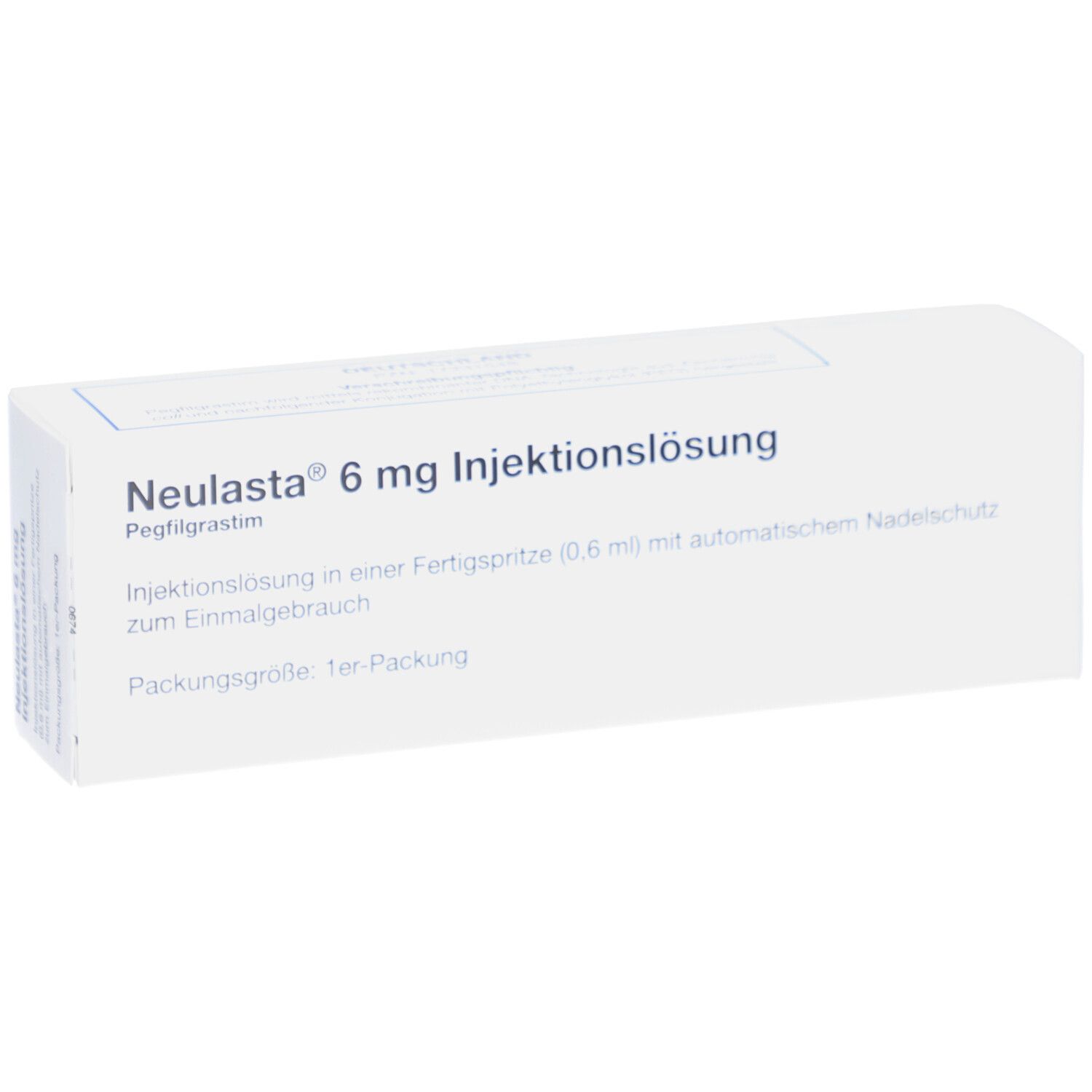 Weiße rechteckige Verpackung. Aufschrift: Neulasta 6 mg Injektionslösung. Fertigspritze mit Nadelschutz.