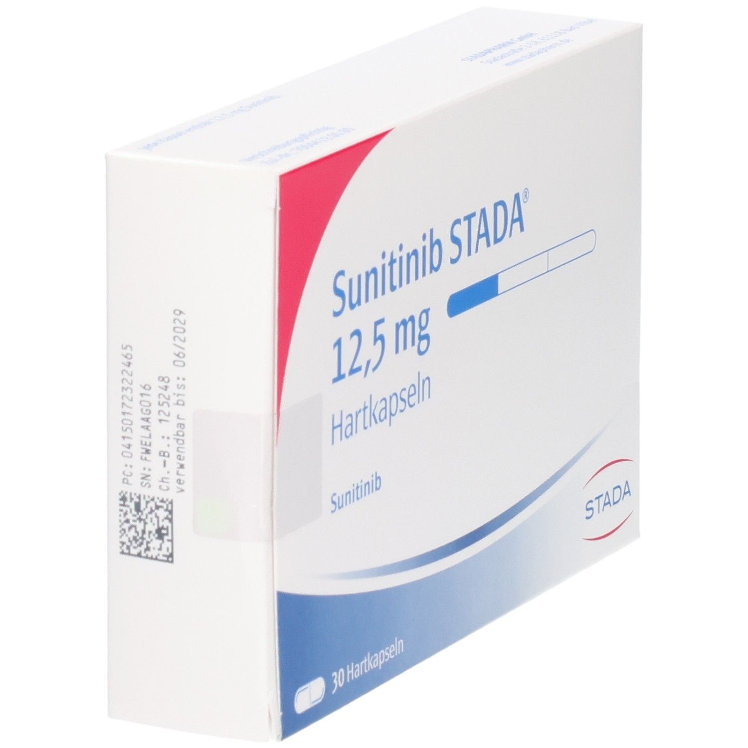 Verpackung Sunitinib STADA 12,5 mg Hartkapseln, 30 Stück, mit Chargennummer und Verfallsdatum.