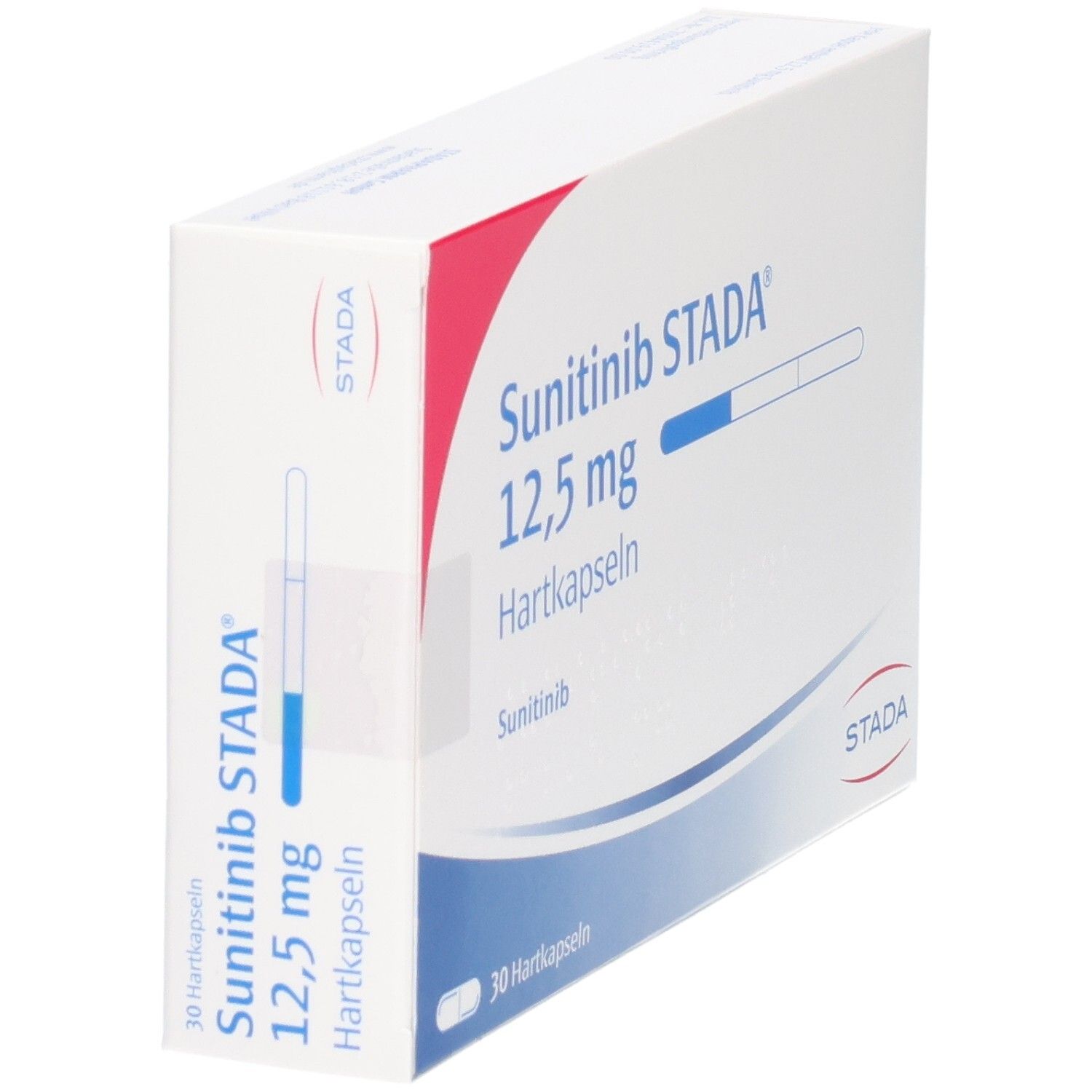 Seitenansicht der Verpackung Sunitinib STADA 12,5 mg Hartkapseln, 30 Stück.