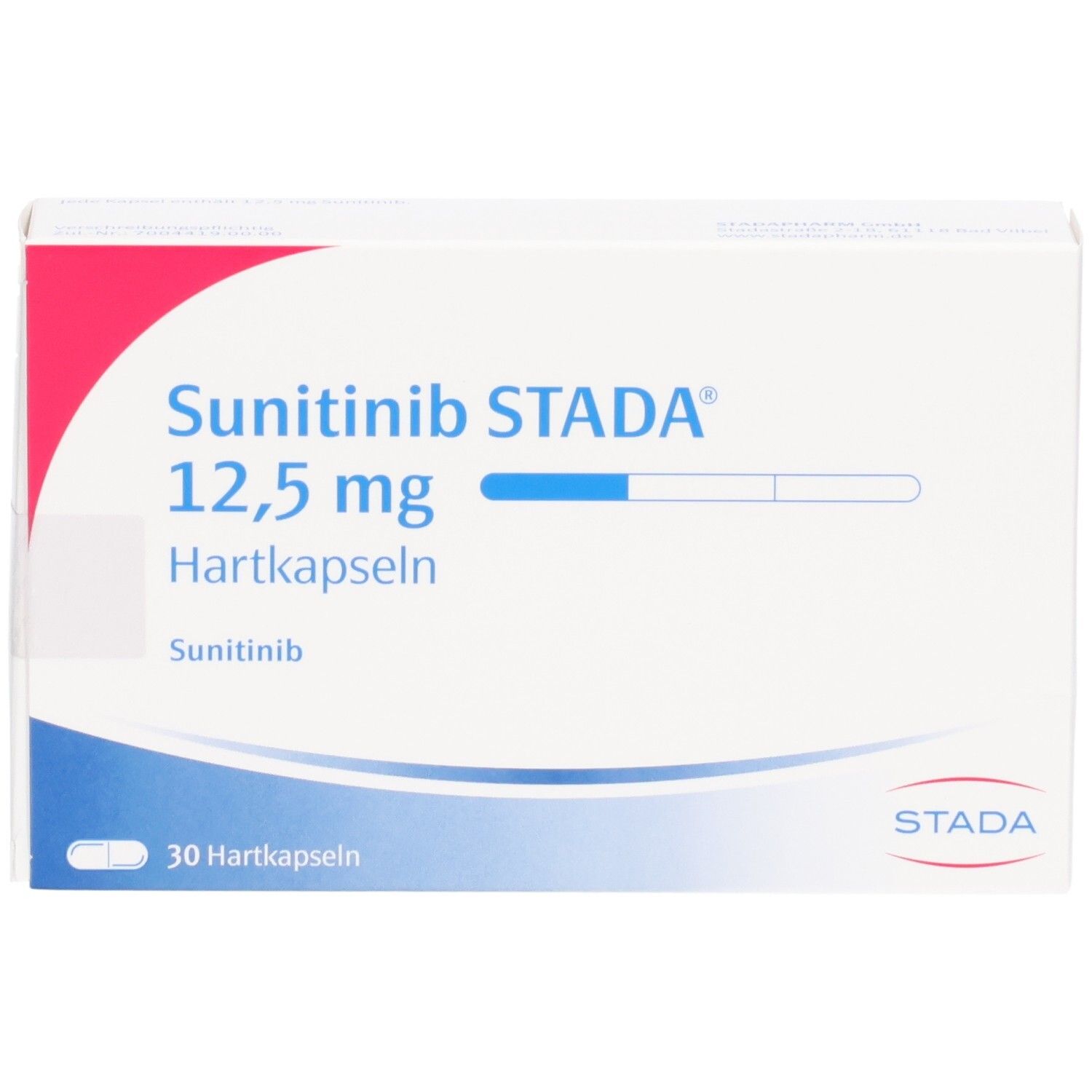 Verpackung Sunitinib STADA 12,5 mg Hartkapseln, 30 Stück.
