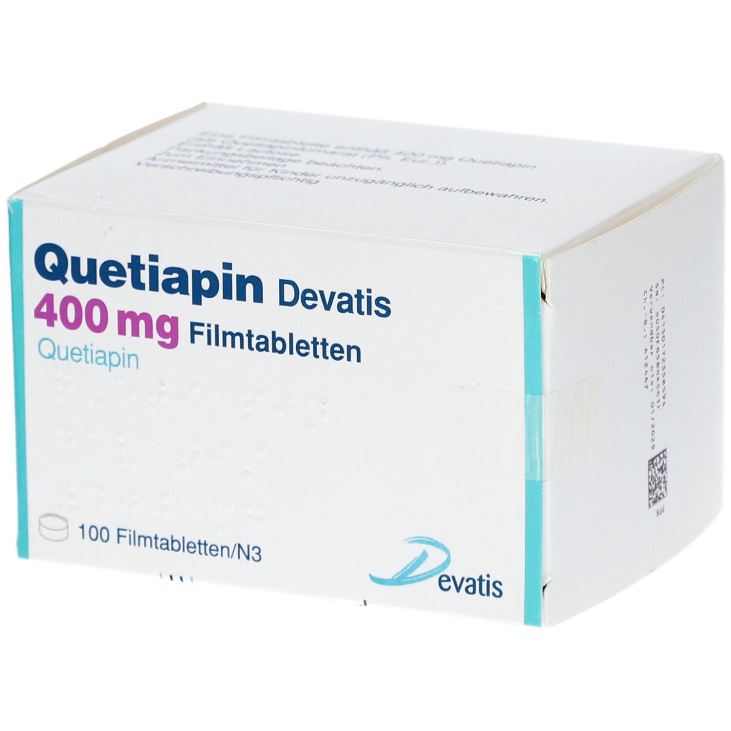 Quetiapin Devatis 400 mg Filmtabletten-Packung. Enthält 100 Tabletten. Weißer Karton mit blauer und rosa Schrift.