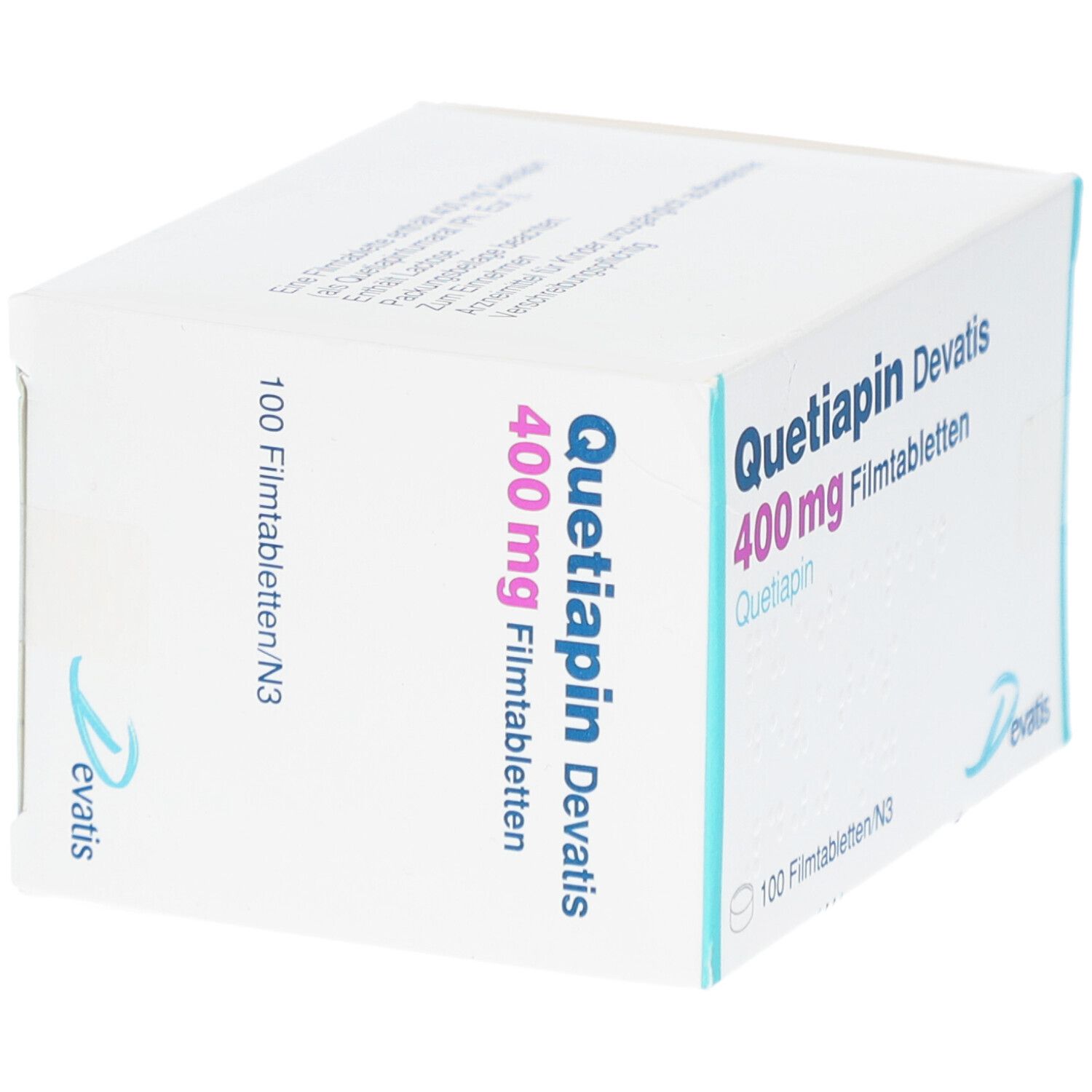 Quetiapin Devatis 400 mg Filmtabletten-Packung. Enthält 100 Tabletten. Weißer Karton mit blauer und rosa Schrift.