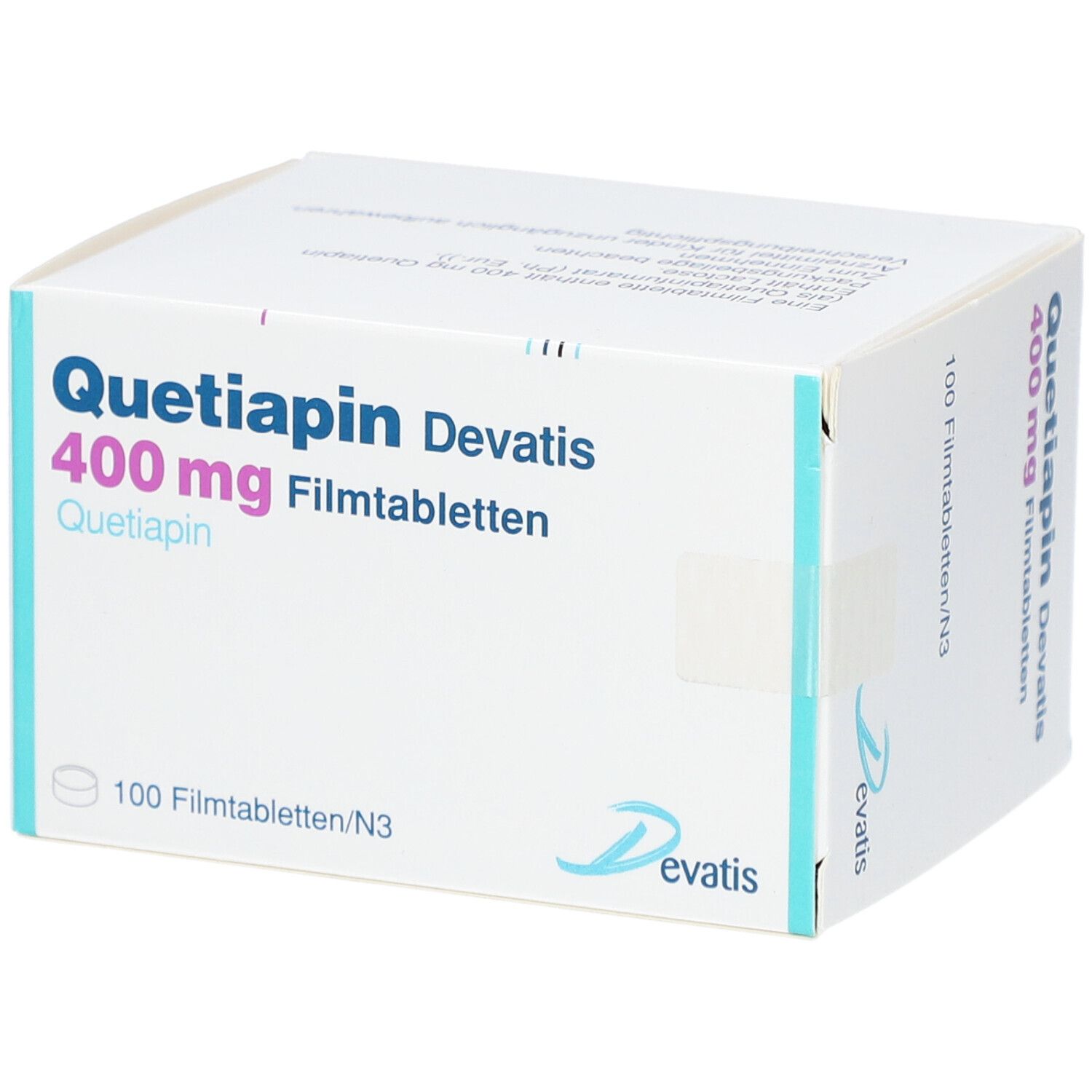 Quetiapin Devatis 400 mg Filmtabletten-Packung. Enthält 100 Tabletten. Weißer Karton mit blauer und rosa Schrift.