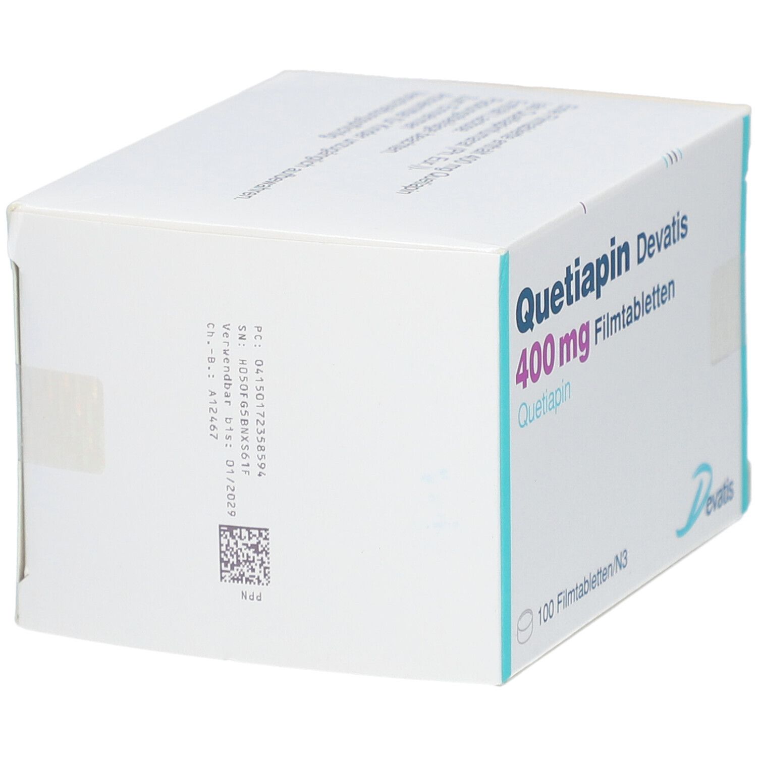 Quetiapin Devatis 400 mg Filmtabletten-Packung. Enthält 100 Tabletten. Weißer Karton mit blauer und rosa Schrift.