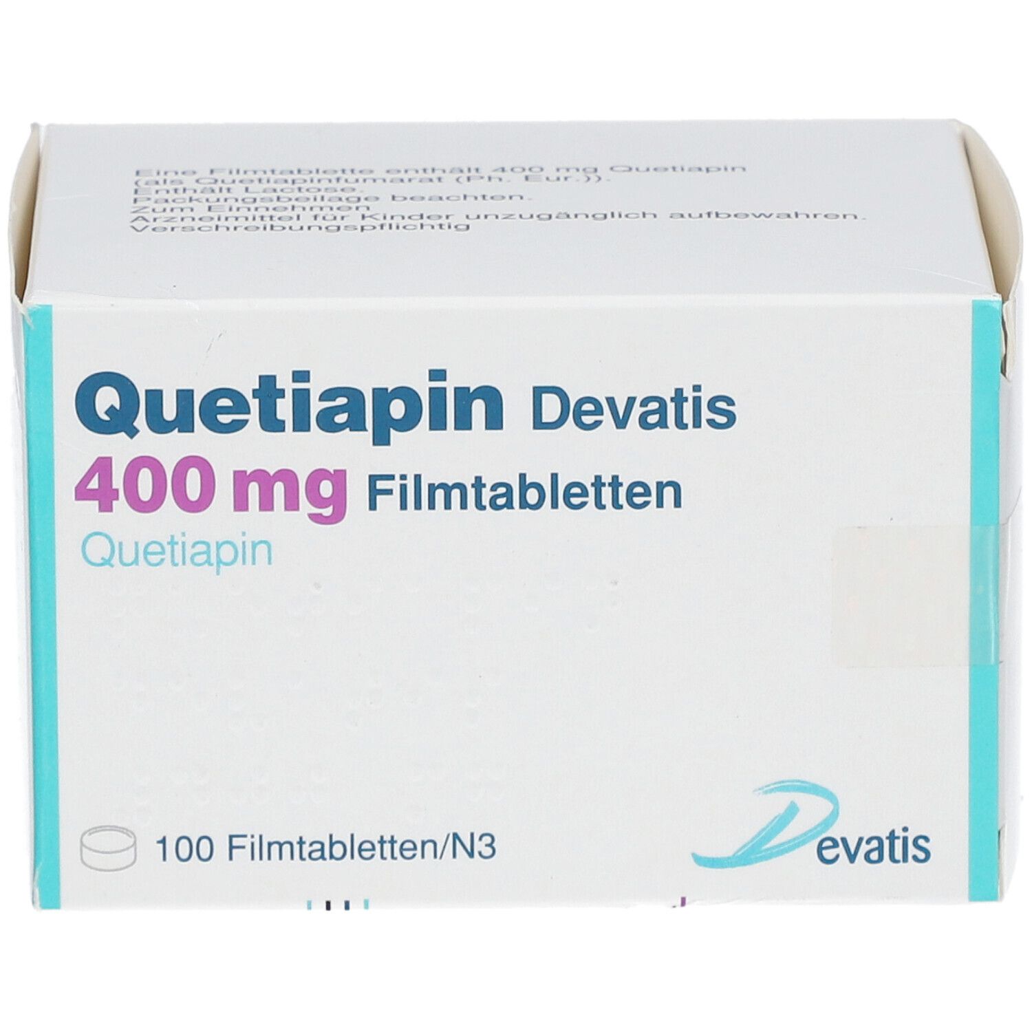 Quetiapin Devatis 400 mg Filmtabletten-Packung. Enthält 100 Tabletten. Weißer Karton mit blauer und rosa Schrift.