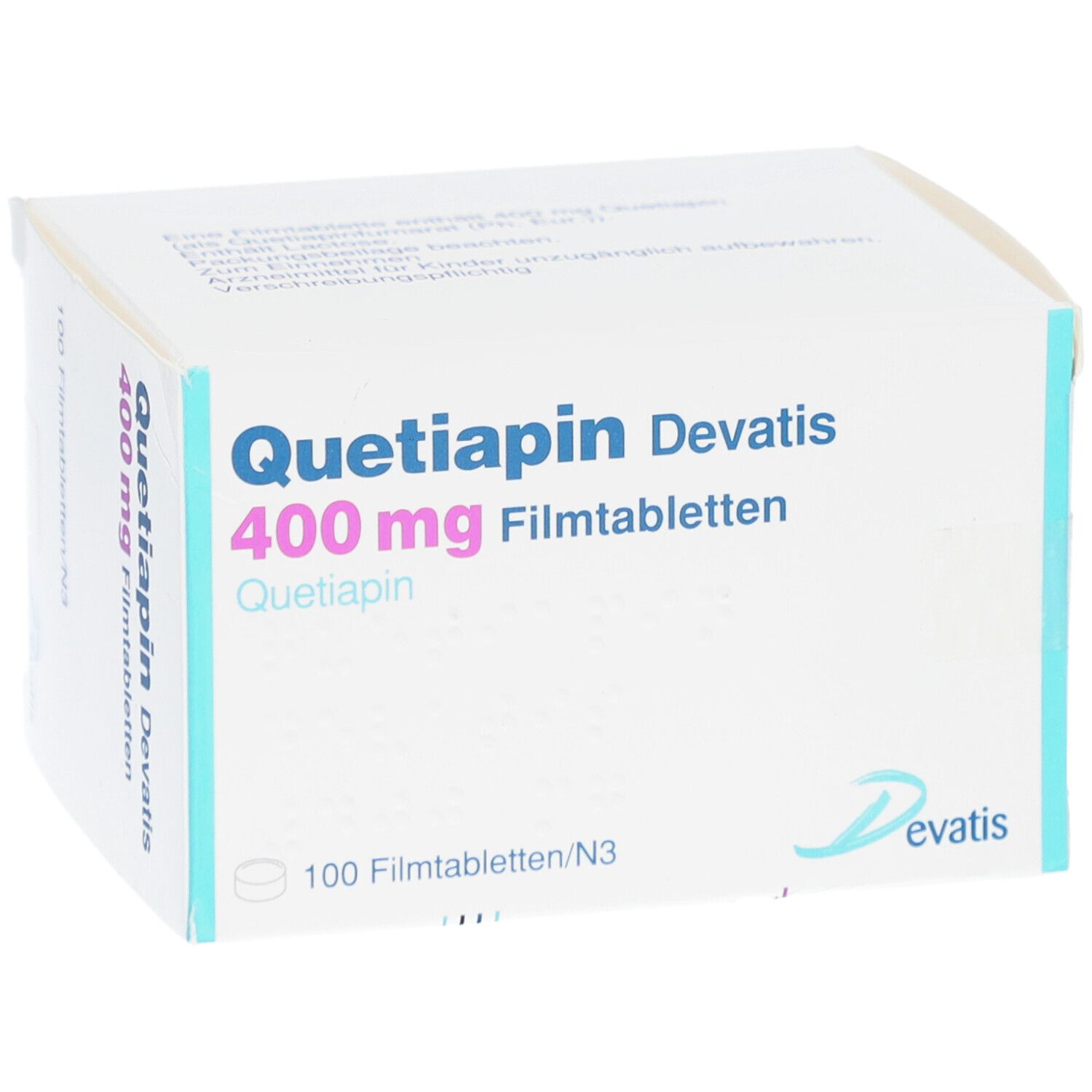 Quetiapin Devatis 400 mg Filmtabletten-Packung. Enthält 100 Tabletten. Weißer Karton mit blauer und rosa Schrift.