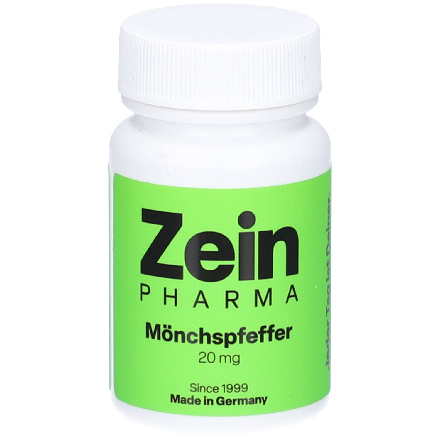 Weiße Flasche mit grünem Etikett. Zein Pharma, Mönchspfeffer 20 mg. Seit 1999. Made in Germany.