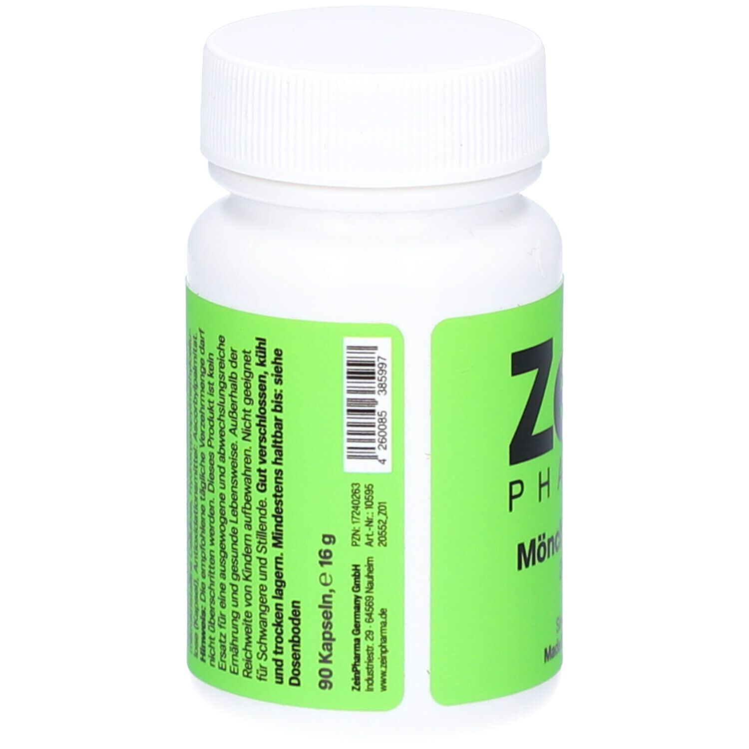Rückseite der weißen Flasche mit grünem Etikett. Barcode, 90 Kapseln, 16 g. Zein Pharma GmbH.
