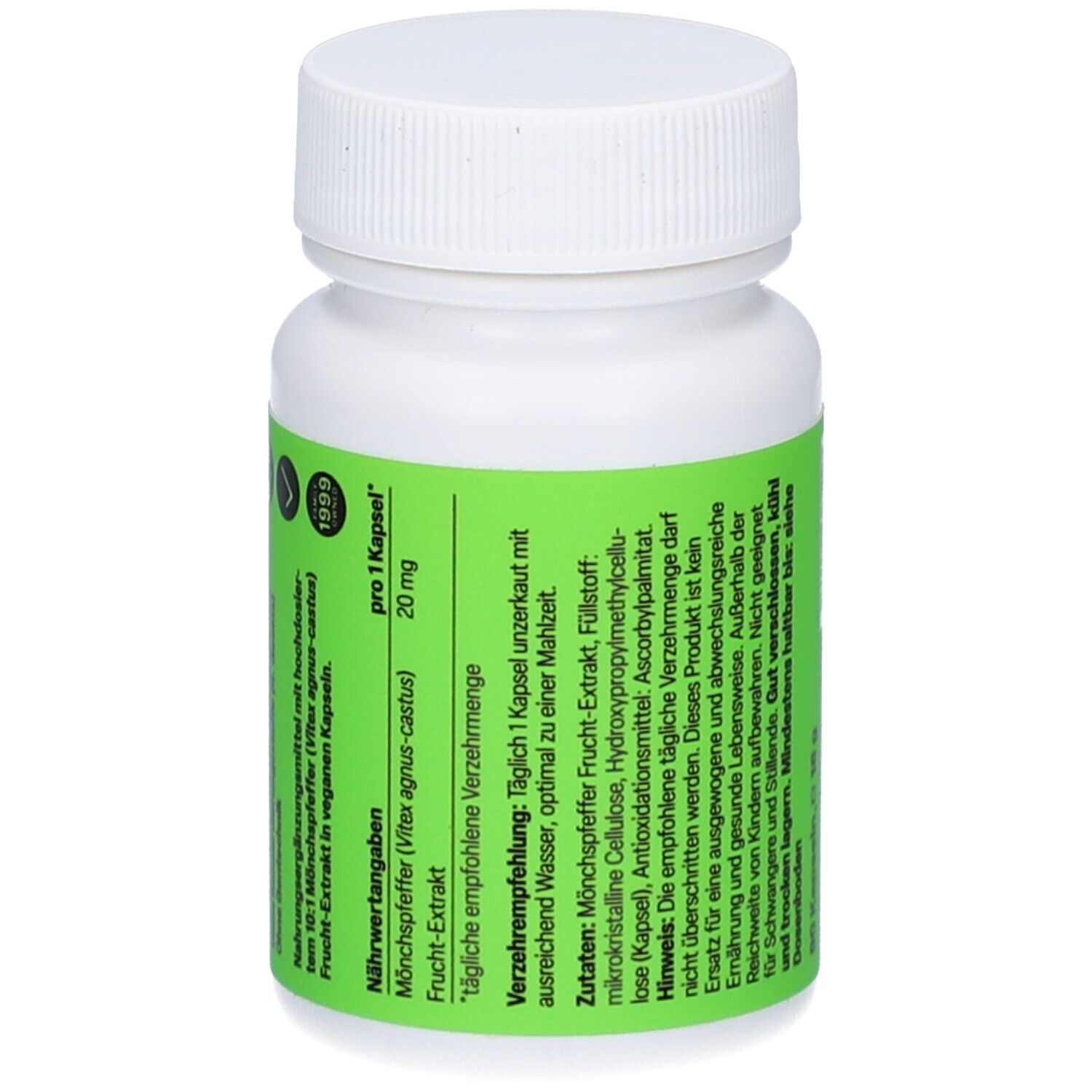 Weiße Flasche mit grünem Etikett. Text: pro 1 Kapsel 20 mg. Inhaltsstoffe und Verzehrempfehlung.