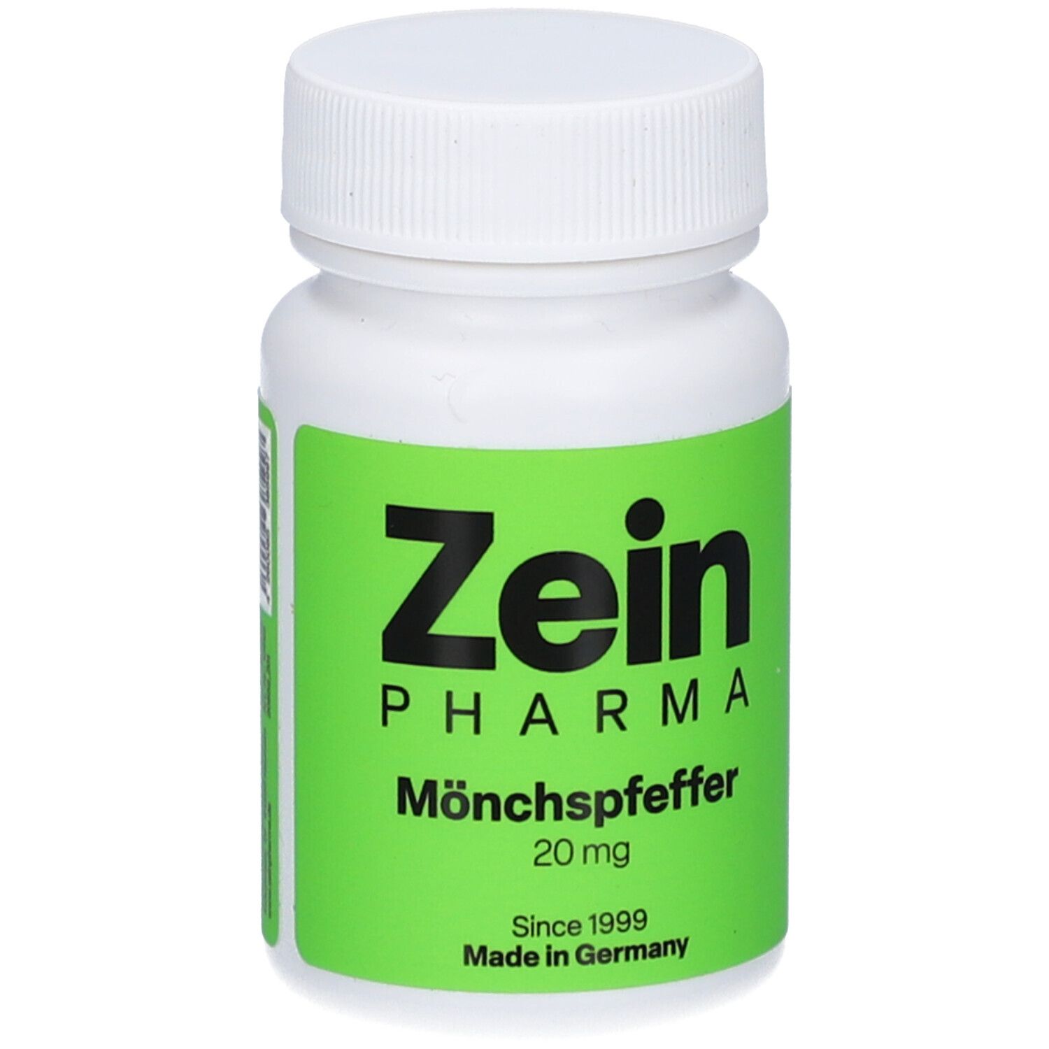 Weiße Flasche mit grünem Etikett. Zein Pharma, Mönchspfeffer 20 mg. Seit 1999. Made in Germany.