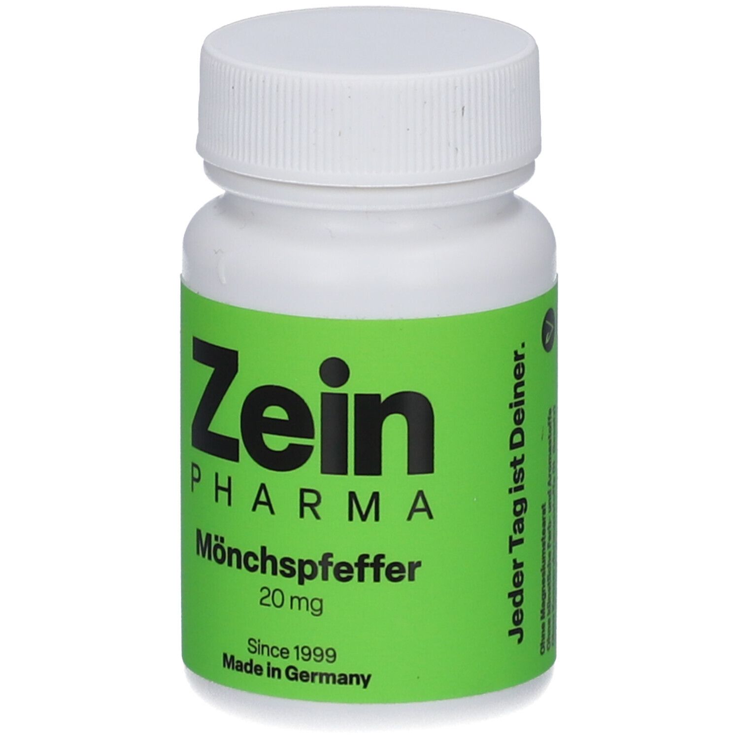 Weiße Flasche mit grünem Etikett. Zein Pharma, Mönchspfeffer 20 mg. Jeder Tag ist Deiner.