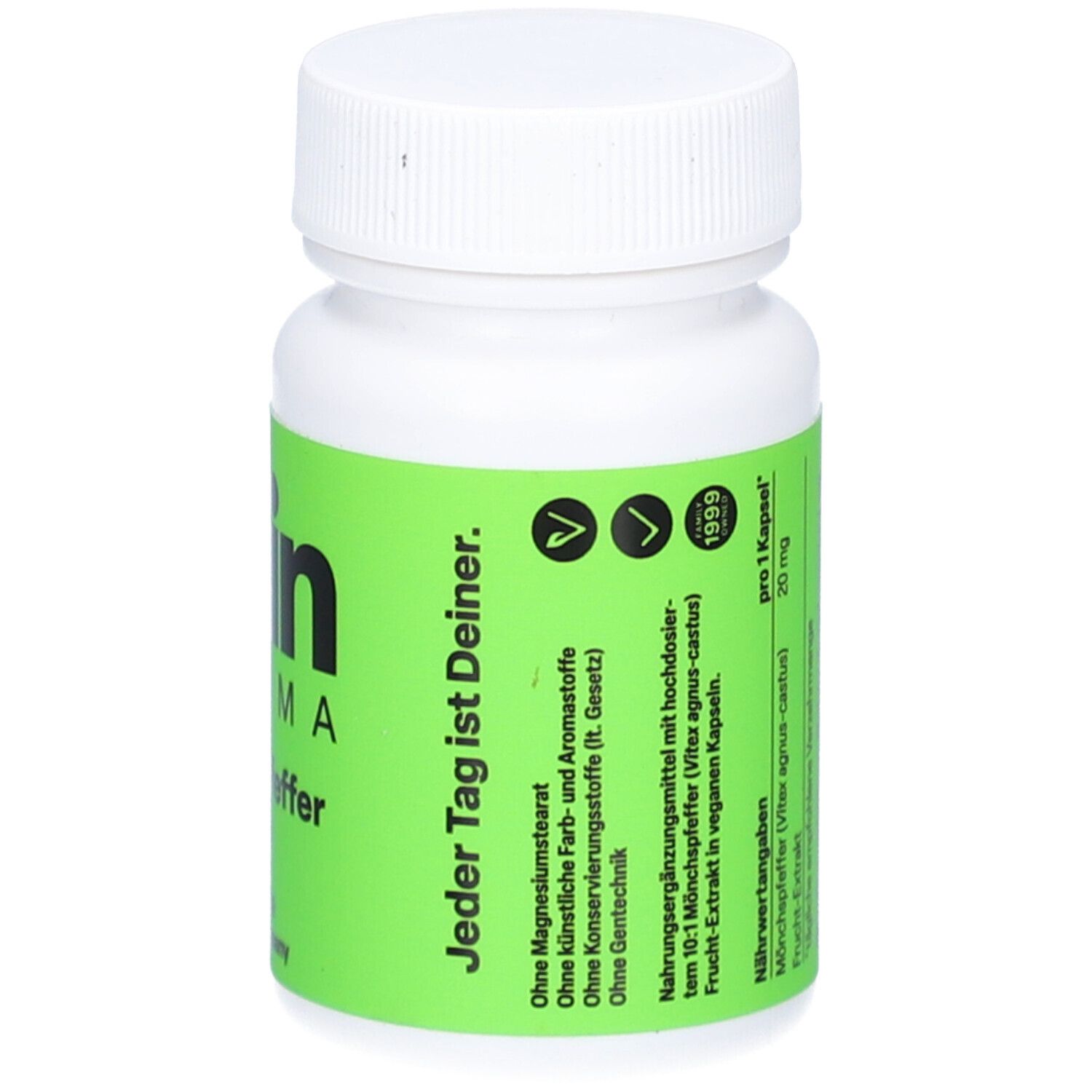 Weiße Flasche mit grünem Etikett. Zein Pharma, Mönchspfeffer 20 mg. Ohne Zusatzstoffe. Jeder Tag ist Deiner.