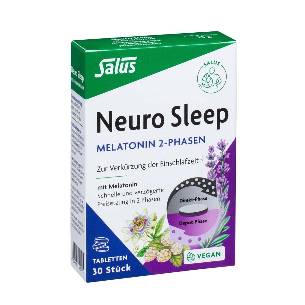 Salus Neuro Sleep Melatonin 2-Phasen. Tablettenpackung. Weißes Design mit Produktnamen, floralen Illustrationen und dem Salus Logo.