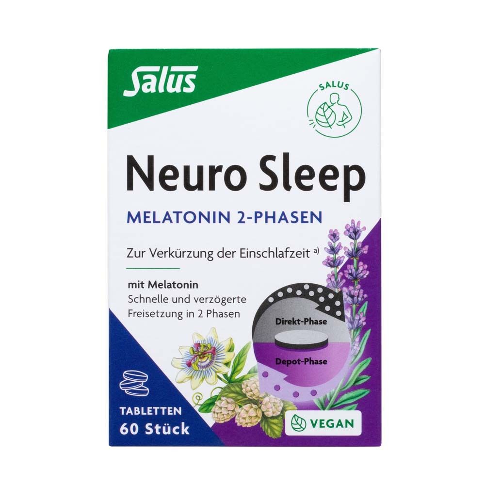 Schachtel Salus Neuro Sleep Tabletten. Text: Melatonin 2-Phasen, 60 Stück, vegan. Illustrationen.