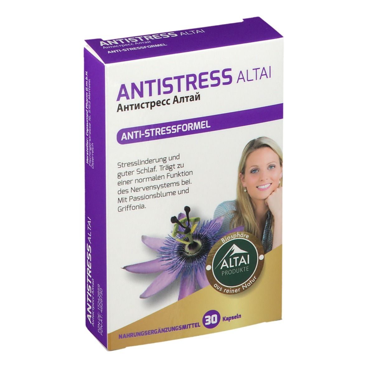 Verpackung mit "ANTISTRESS ALTAI". Lila und goldfarbene Schachtel mit Produktnamen, Bild und 30 Kapseln.