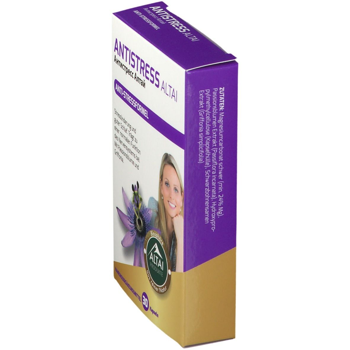 Schachtel "ANTISTRESS ALTAI" in lila und gold. Seitenansicht mit Produktnamen und Inhaltsstoffen.