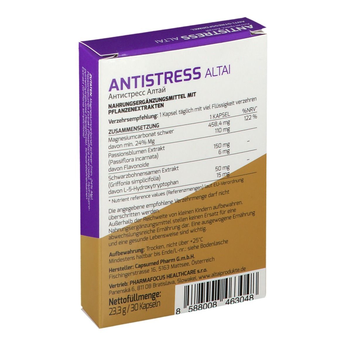 Rückseite der "ANTISTRESS ALTAI" Verpackung. Enthält Informationen zu Inhaltsstoffen und Nährwerten.