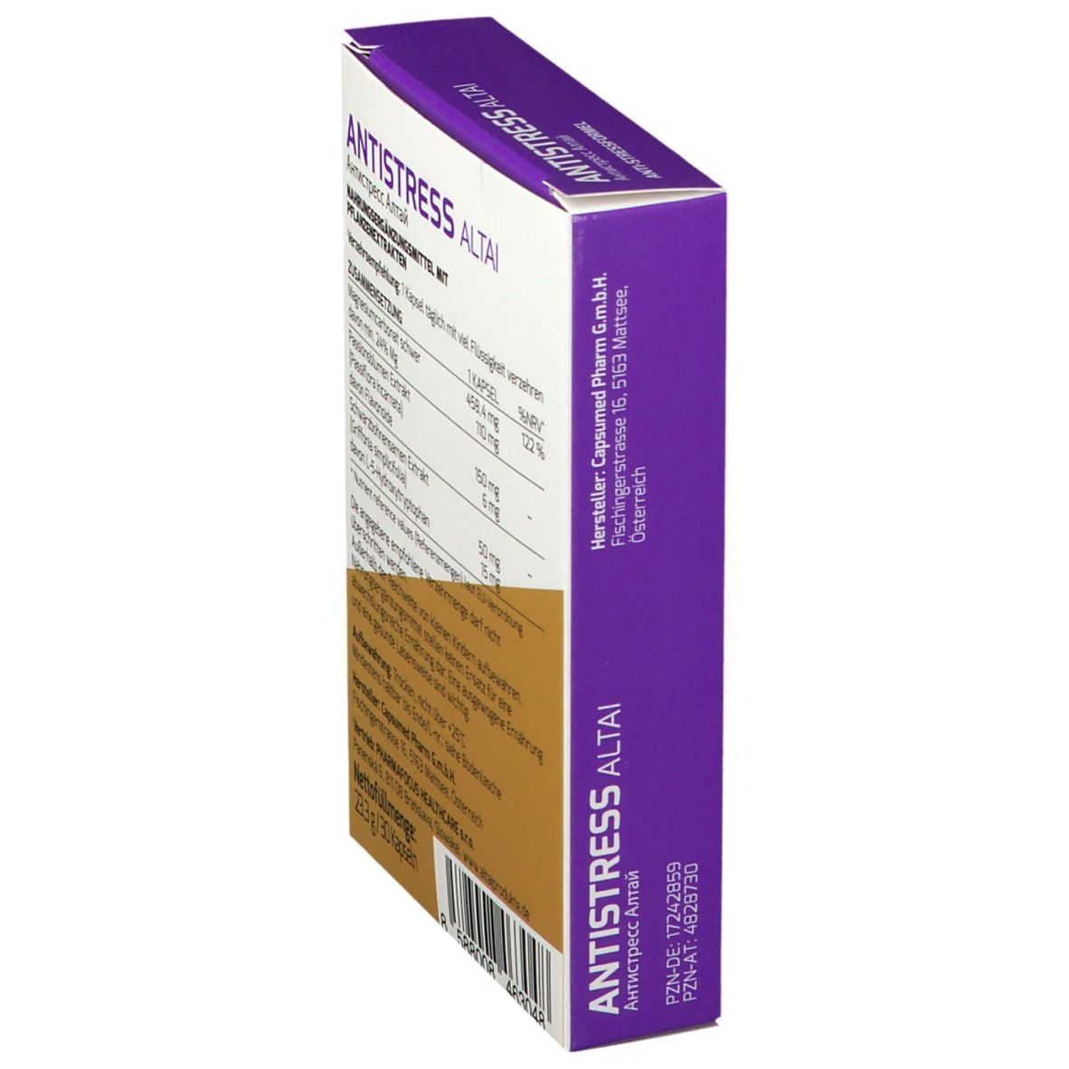 Seitenansicht der "ANTISTRESS ALTAI" Verpackung. Enthält Informationen zum Hersteller und Chargennummer.