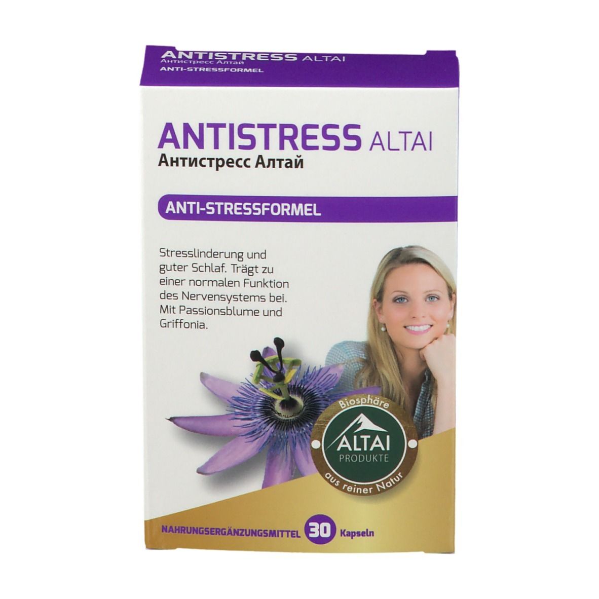 Verpackung "ANTISTRESS ALTAI". Lila und goldfarbene Schachtel mit Produktnamen, Bild und 30 Kapseln.