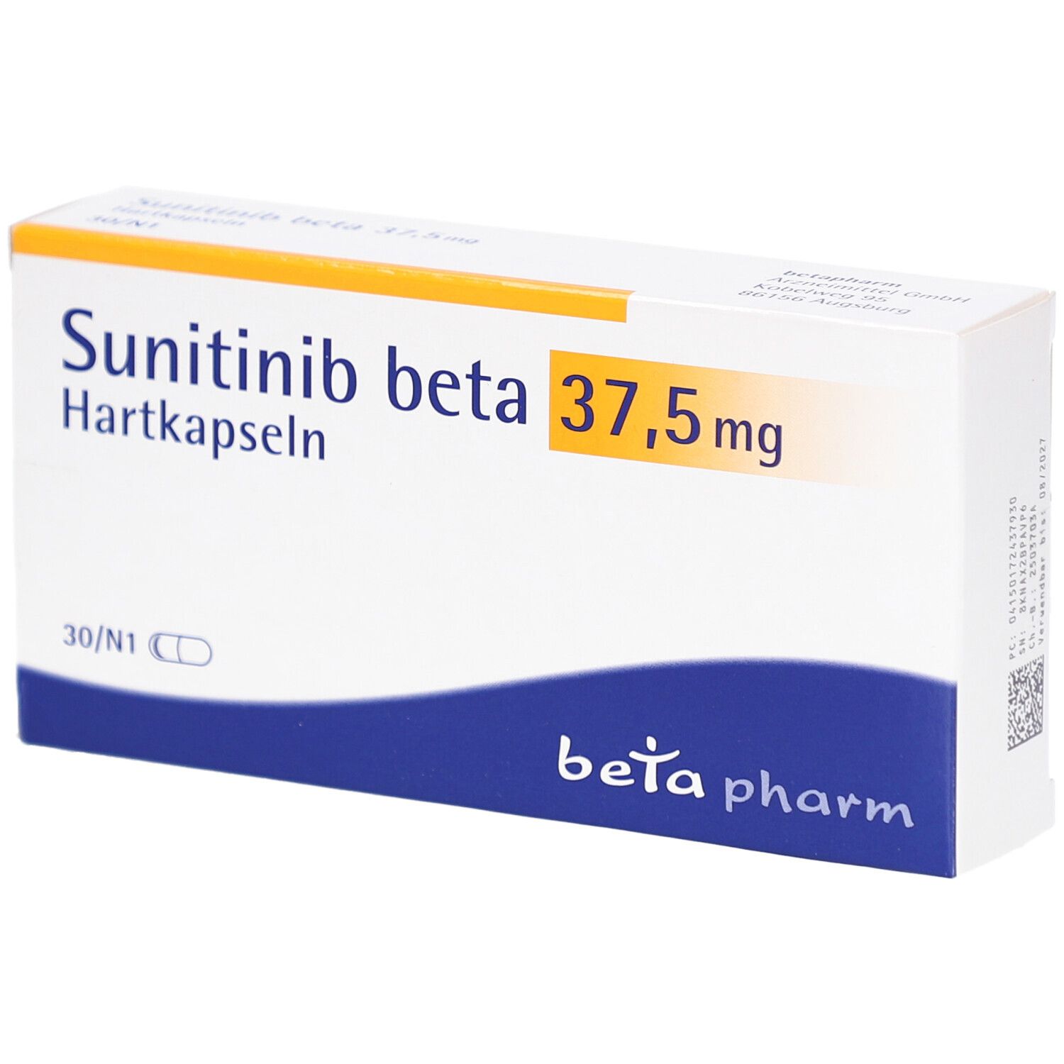 Schachtel mit Sunitinib beta 37,5 mg Hartkapseln. Aufschrift: beta pharm. 30/N1. Gelb-weiße Verpackung.