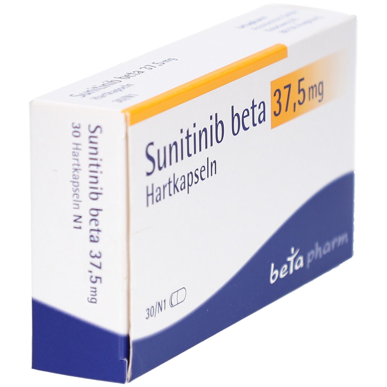 Schachtel mit Sunitinib beta 37,5 mg Hartkapseln. Aufschrift: beta pharm. 30/N1. Gelb-weiße Verpackung.