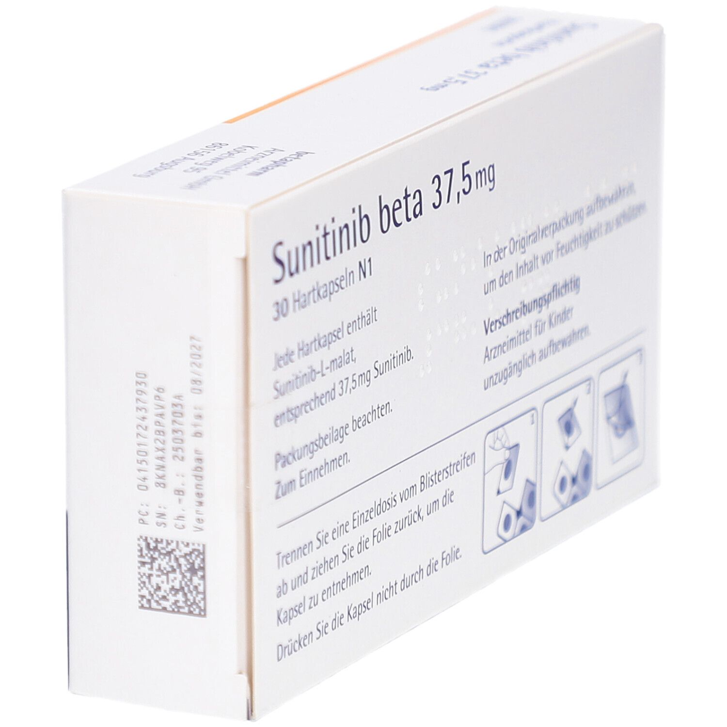 Schachtel mit Sunitinib beta 37,5 mg Hartkapseln. Aufschrift: beta pharm. 30 Hartkapseln N1. Weiße Verpackung.