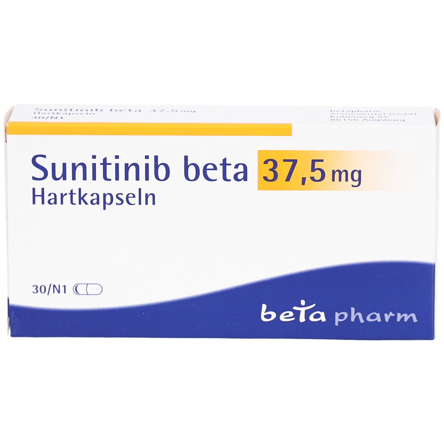 Schachtel mit Sunitinib beta 37,5 mg Hartkapseln. Aufschrift: beta pharm. 30/N1. Gelb-weiße Verpackung.