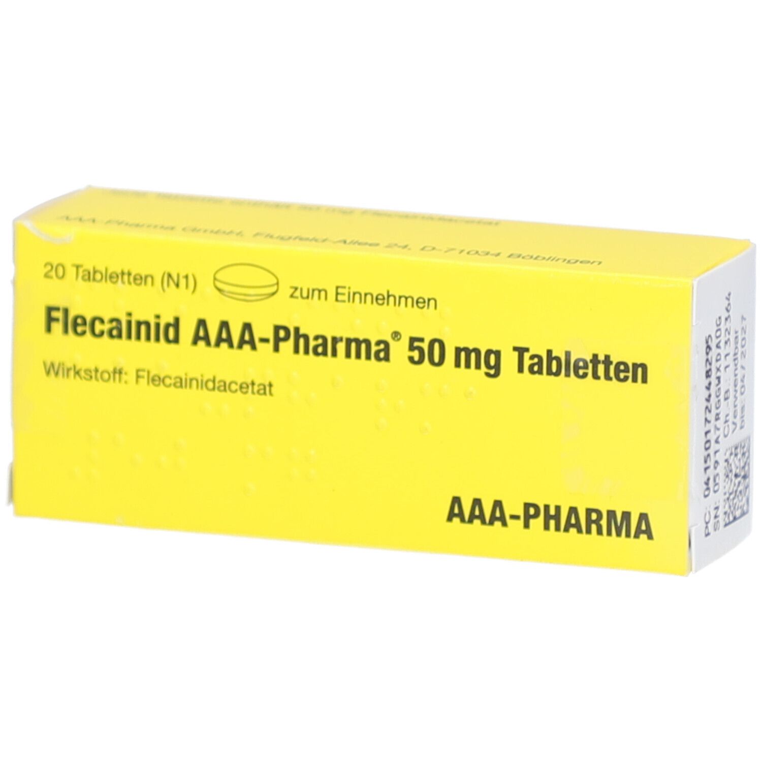 Gelbe Schachtel mit Aufschrift: Flecainid AAA-Pharma 50 mg Tabletten. 20 Tabletten. AAA-Pharma Logo.
