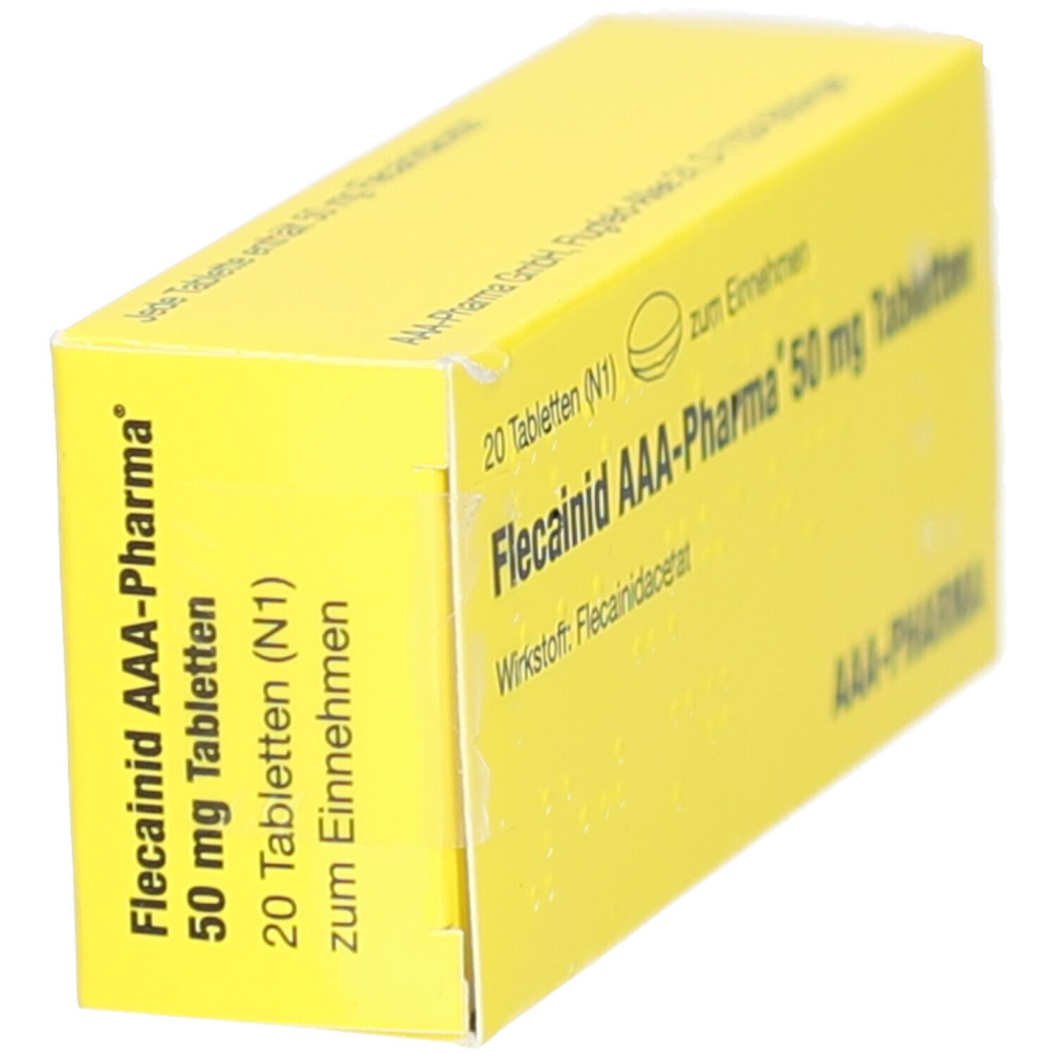 Gelbe Schachtel mit Aufschrift: Flecainid AAA-Pharma 50 mg Tabletten. 20 Tabletten. AAA-Pharma Logo.