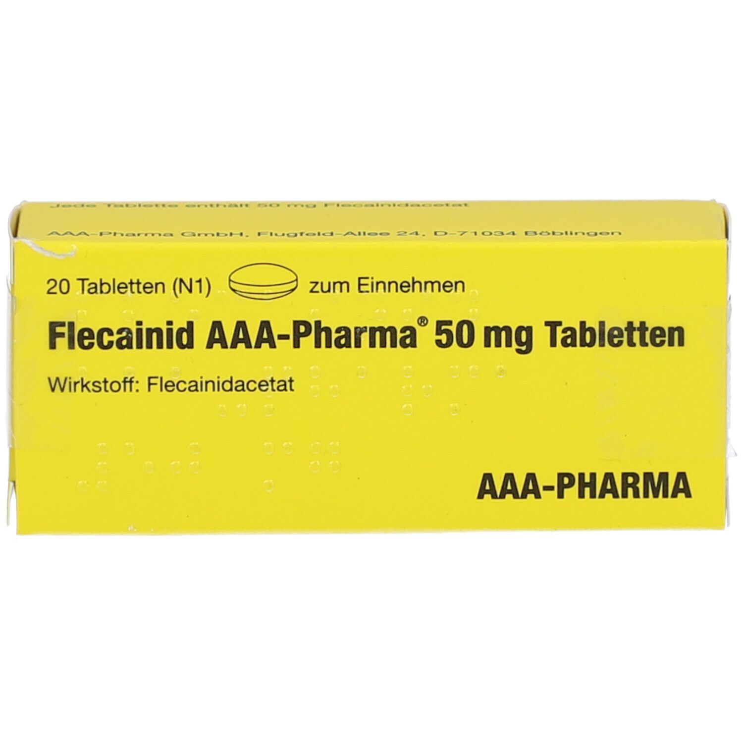Gelbe Schachtel mit Aufschrift: Flecainid AAA-Pharma 50 mg Tabletten. 20 Tabletten. AAA-Pharma Logo.