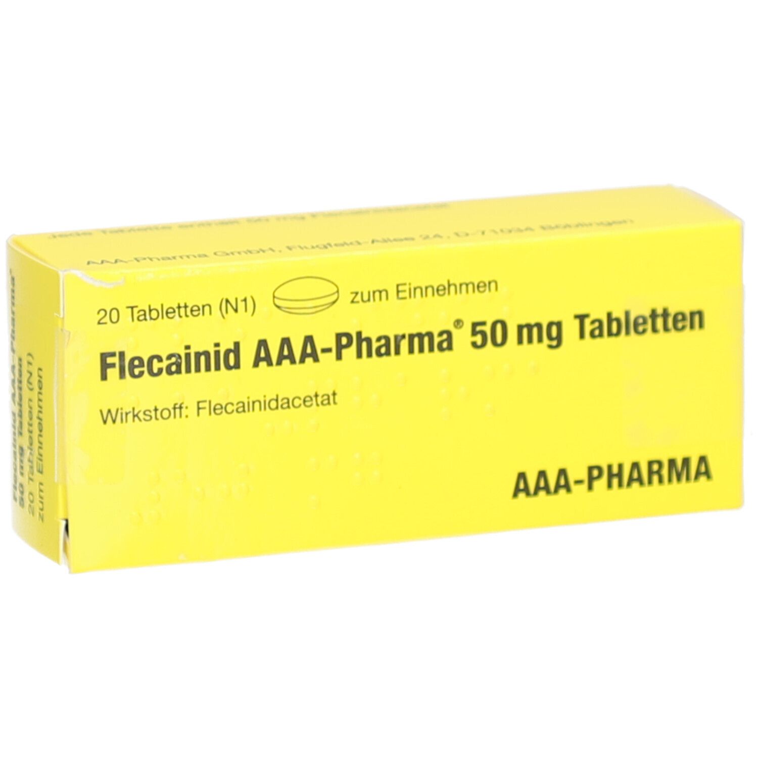 Gelbe Schachtel mit Aufschrift: Flecainid AAA-Pharma 50 mg Tabletten. 20 Tabletten. AAA-Pharma Logo.