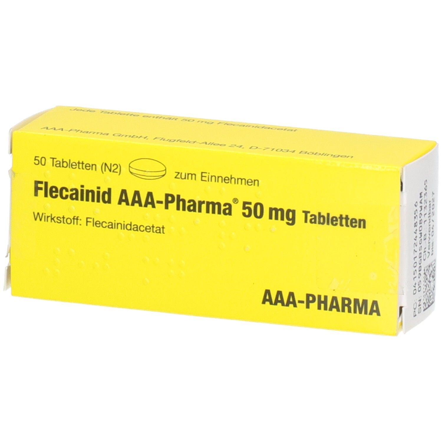 Gelber Karton mit Flecainid AAA-Pharma 50 mg Tabletten, 50 Stück.