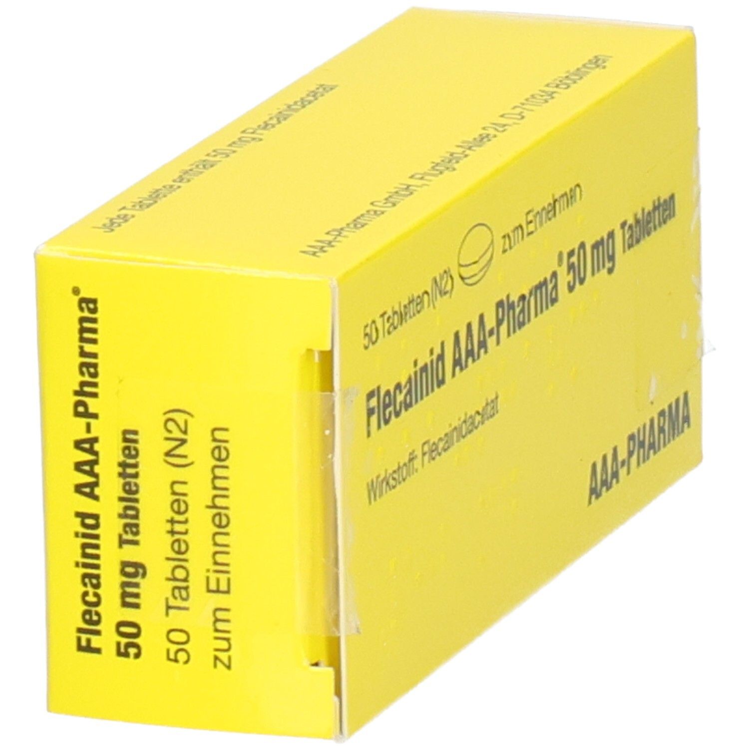 Gelber Karton mit Flecainid AAA-Pharma 50 mg Tabletten, 50 Stück, von der Seite gezeigt.