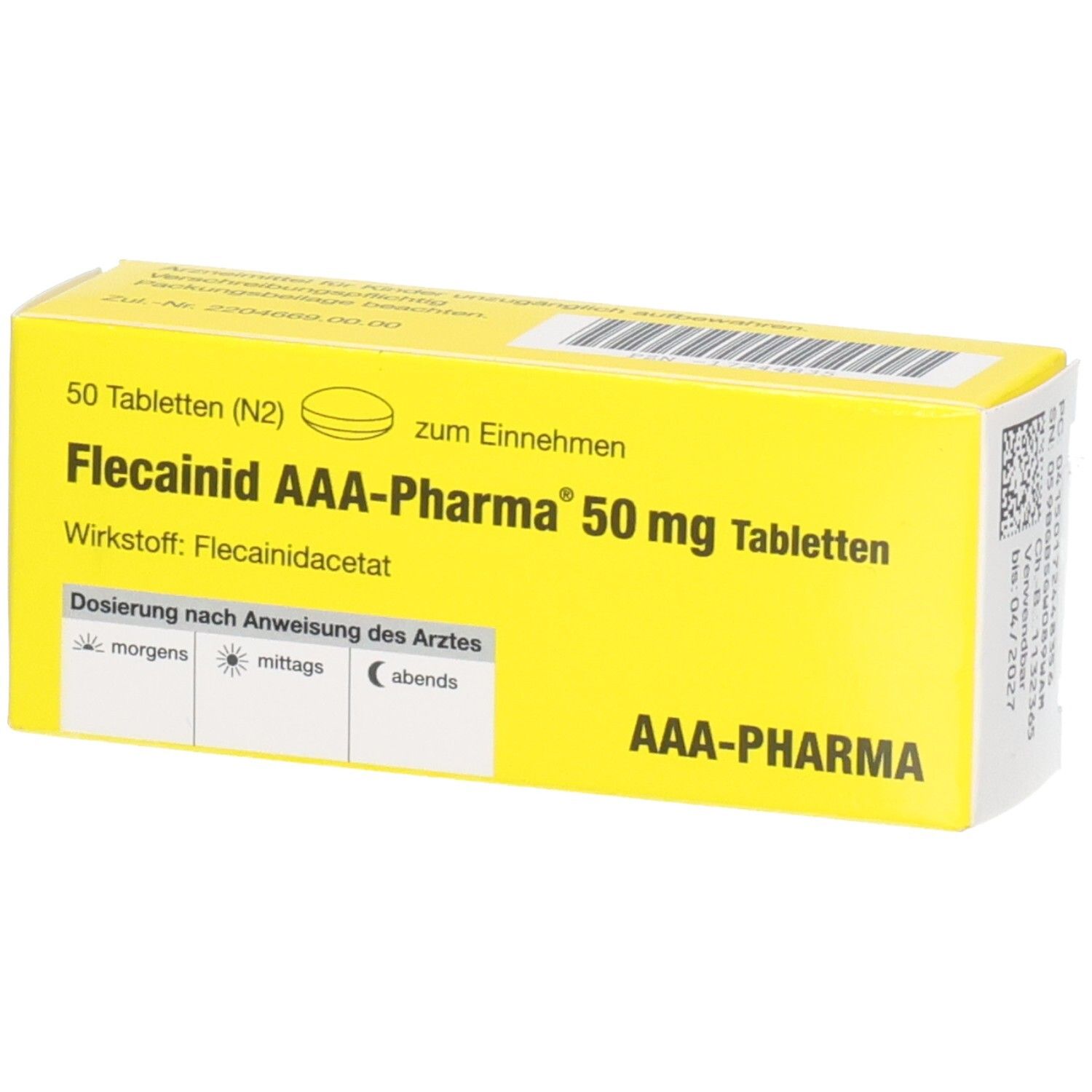 Gelber Karton mit Flecainid AAA-Pharma 50 mg Tabletten, 50 Stück, mit Dosierungshinweisen.