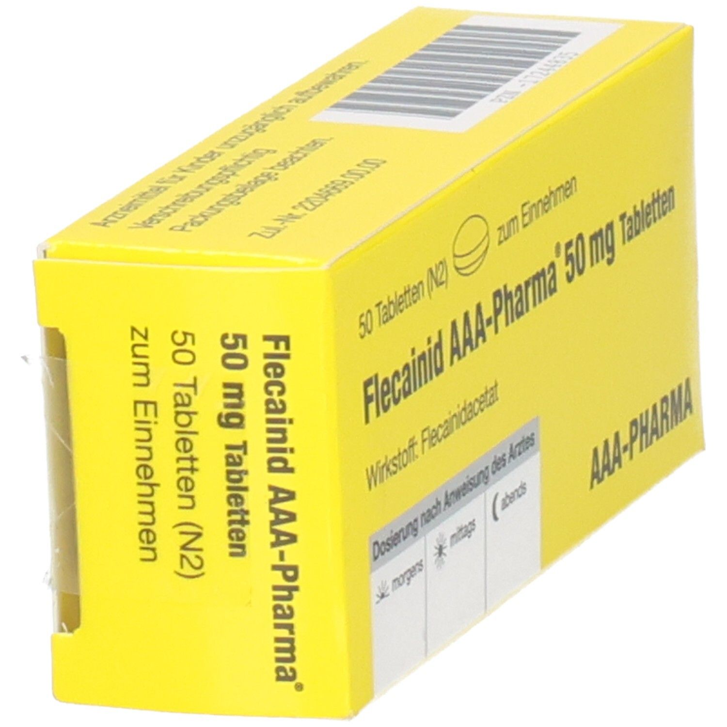 Gelber Karton mit Flecainid AAA-Pharma 50 mg Tabletten, 50 Stück, schräg von vorne.