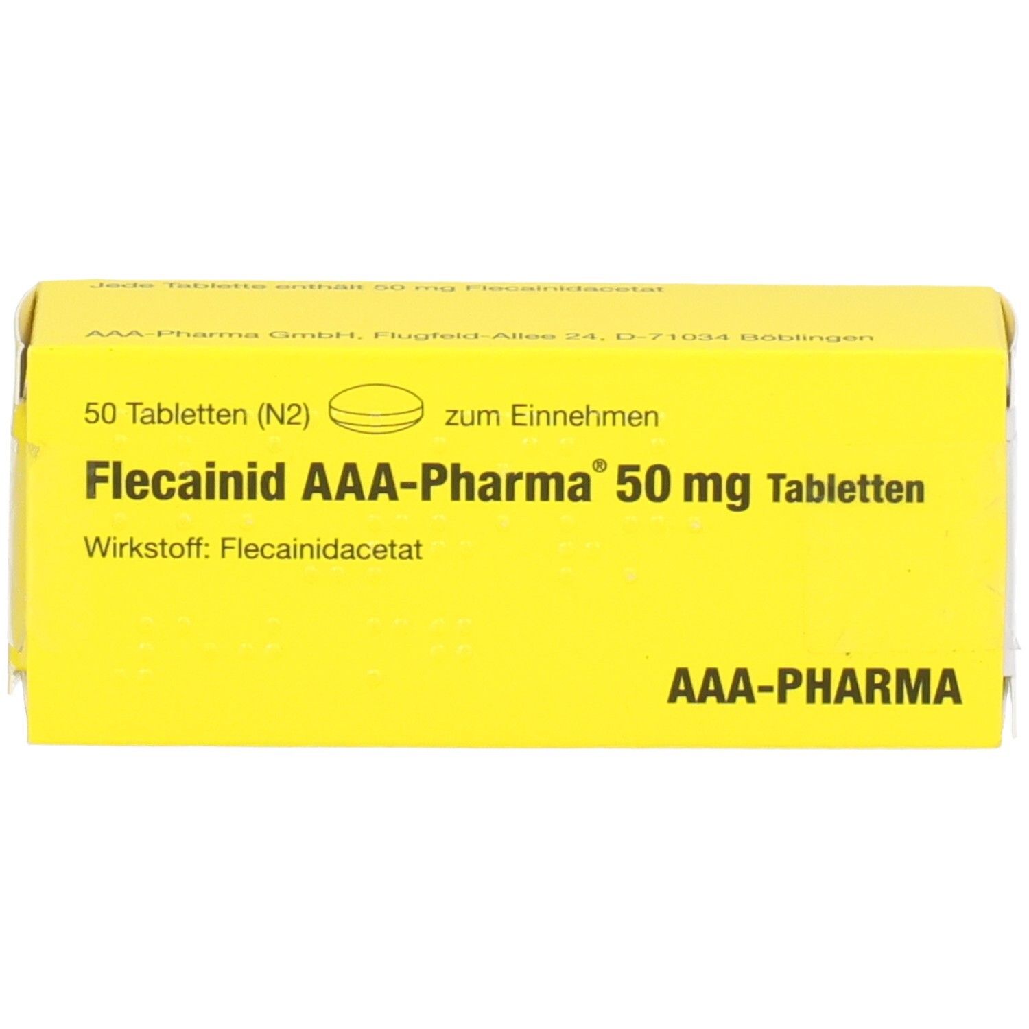 Gelber Karton mit Flecainid AAA-Pharma 50 mg Tabletten, 50 Stück, Vorderansicht.