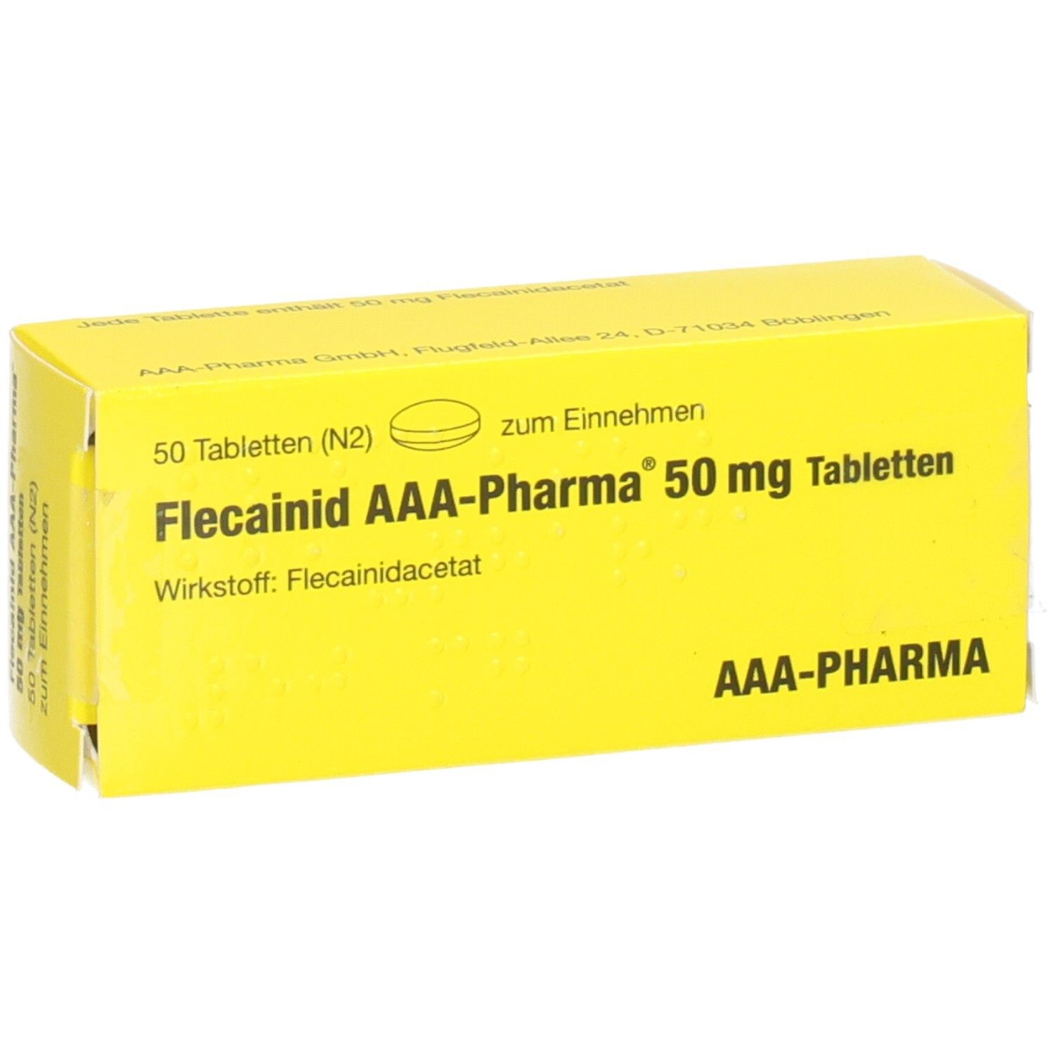 Gelber Karton mit Flecainid AAA-Pharma 50 mg Tabletten, 50 Stück, leicht schräg.