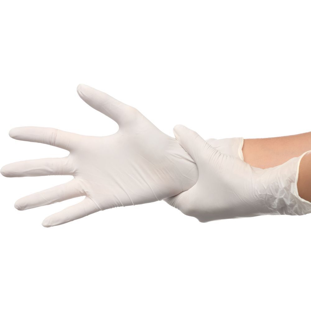 Person zieht Domotherm Latex Untersuchungshandschuhe Größe S an.
