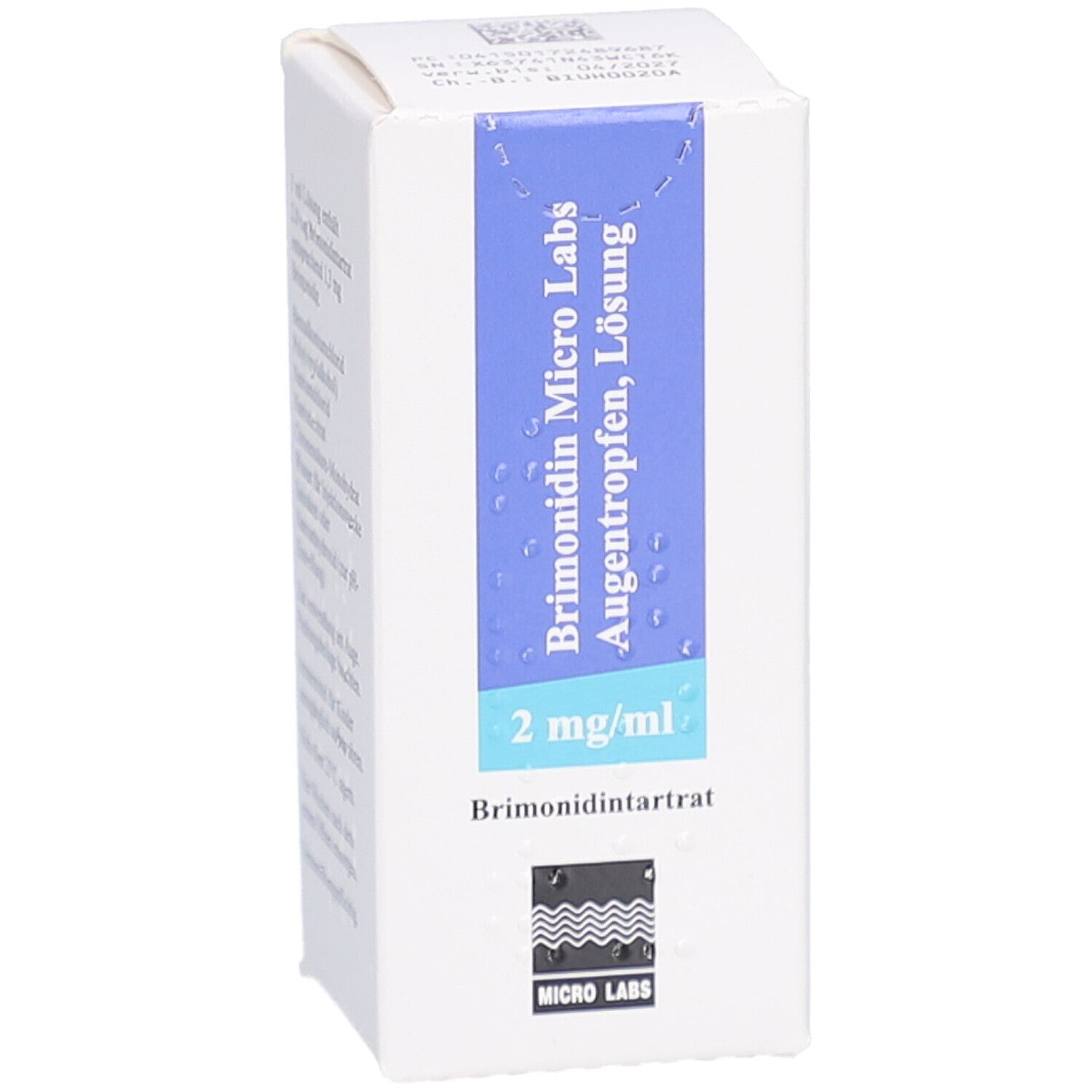 Weiße Faltschachtel mit blauer Banderole. Aufdruck: Brimonidin Micro Labs Augentropfen, 2 mg/ml. Logo Micro Labs.