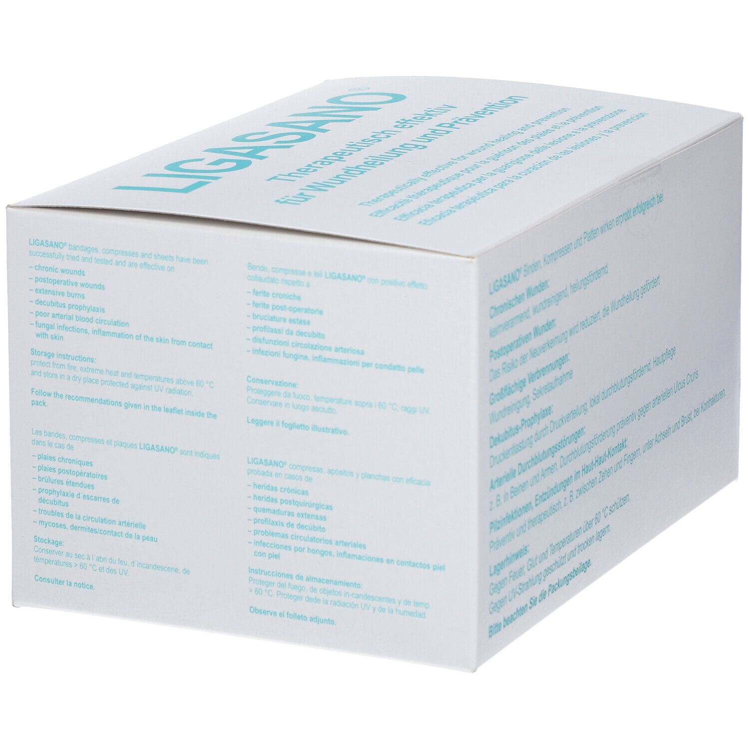Karton mit Produktinformationen. Text: LIGASANO®, therapeutisch effektiv für Wundheilung und Prävention. Mehrsprachige Texte.