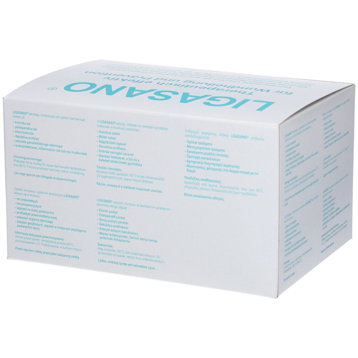 Karton mit Produktinformationen. Text: LIGASANO®, therapeutisch effektiv für Wundheilung und Prävention. Mehrsprachige Texte.