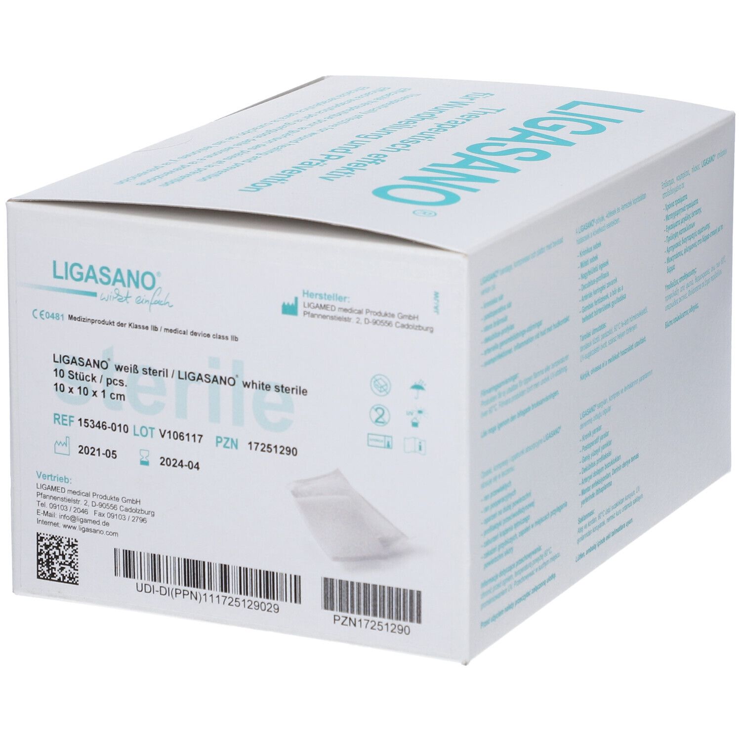 Weißer Karton mit Produktinformationen. Text: LIGASANO® steril, 10 x 10 x 1 cm. Einzelne Kompresse sichtbar.