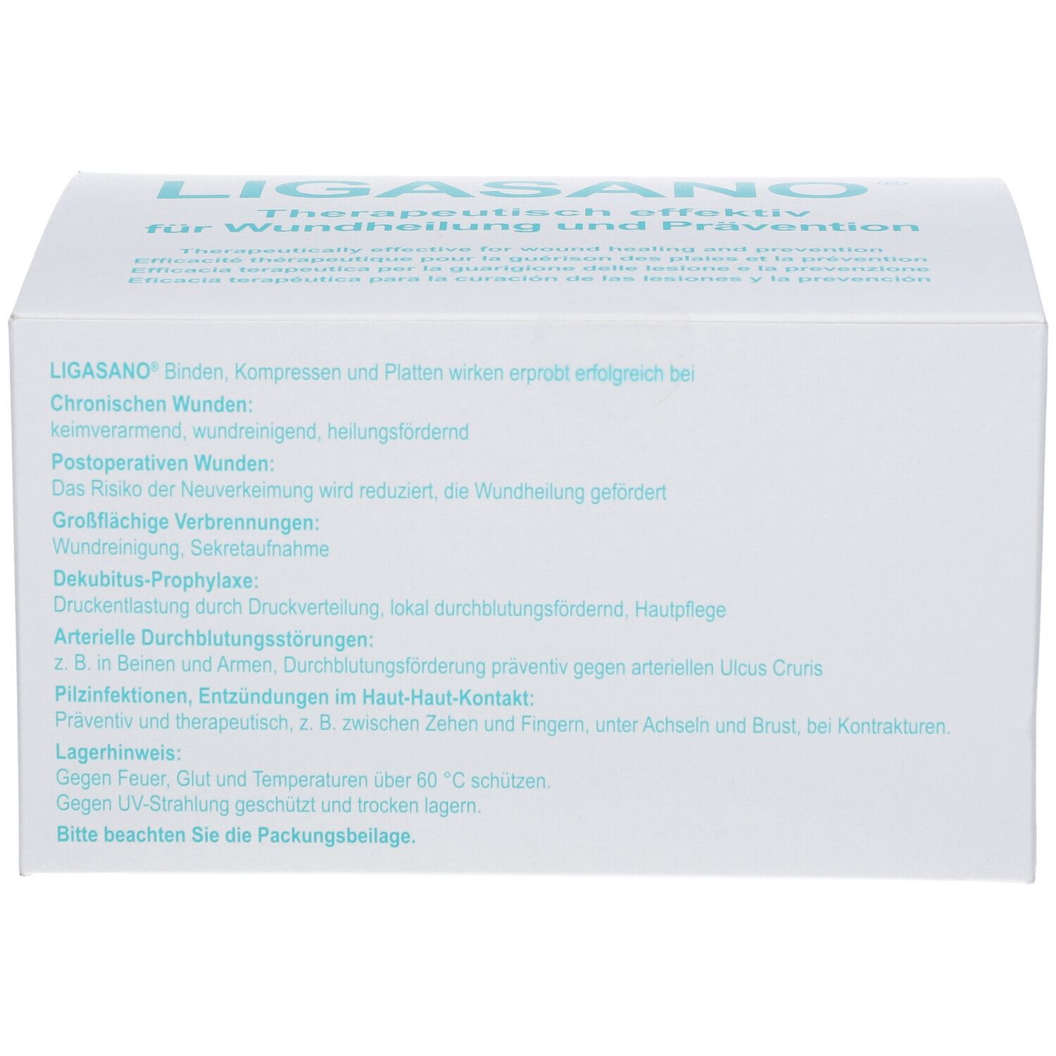 Weißer Karton mit Produktinformationen. Text: LIGASANO®, therapeutisch effektiv für Wundheilung und Prävention.
