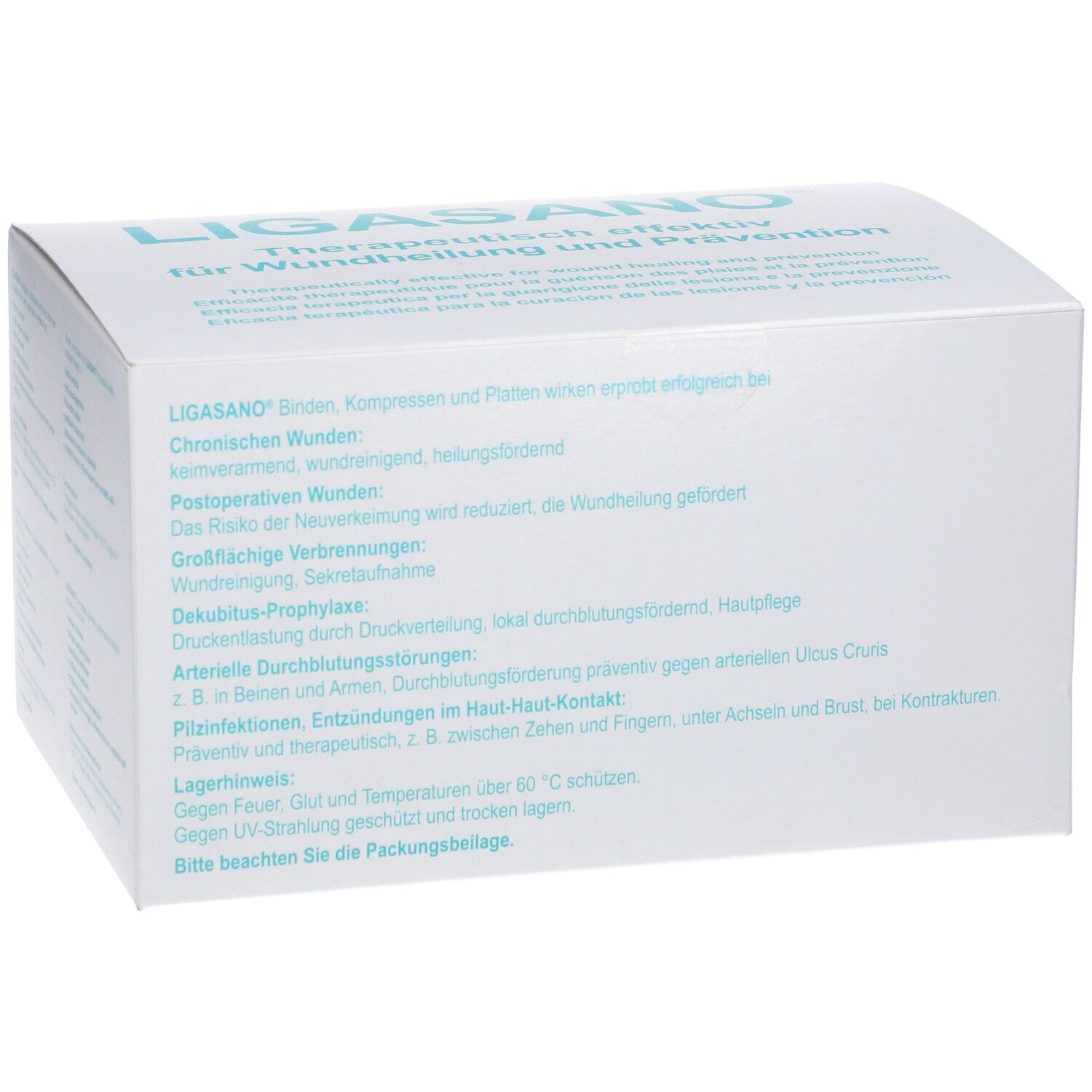 Weißer Karton mit Produktinformationen. Text: LIGASANO®, therapeutisch effektiv für Wundheilung und Prävention.