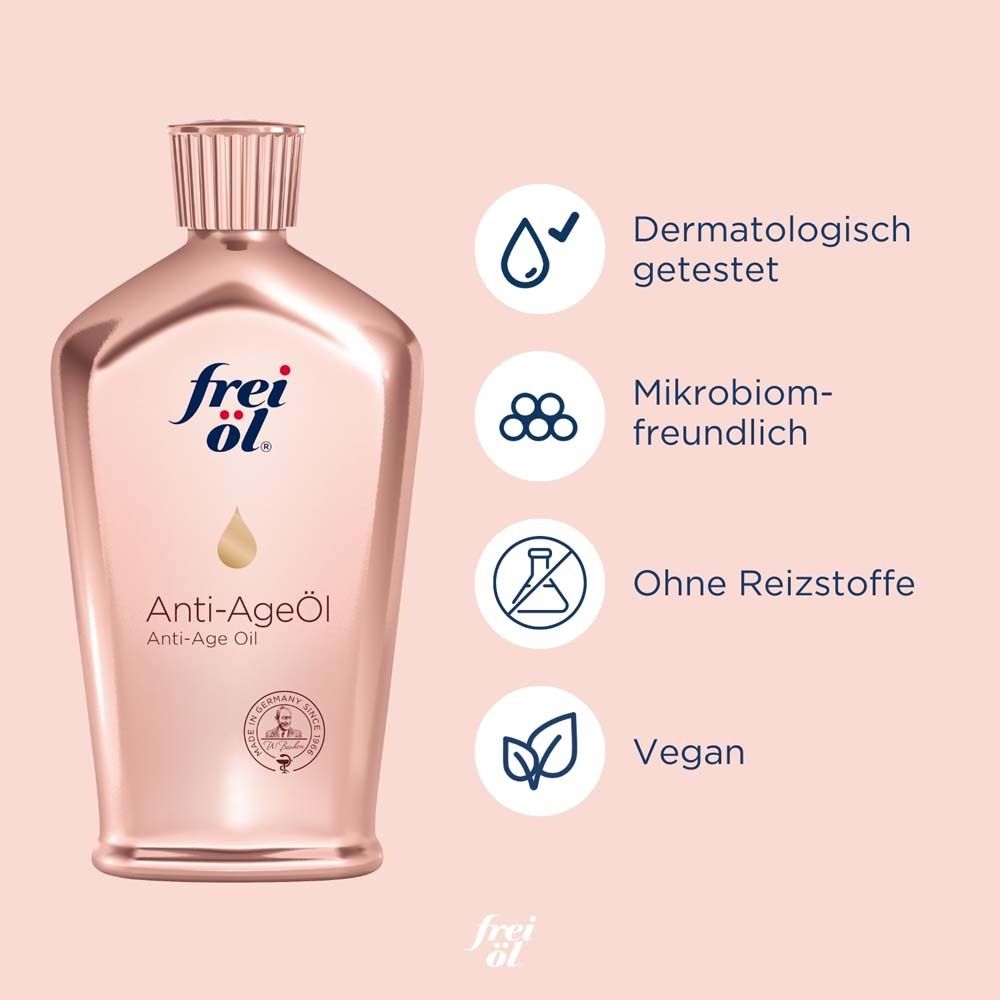 Frei Öl Anti-Age Öl. Produktflasche mit Symbolen. Dermatologisch getestet, mikrobiomfreundlich, ohne Reizstoffe, vegan.