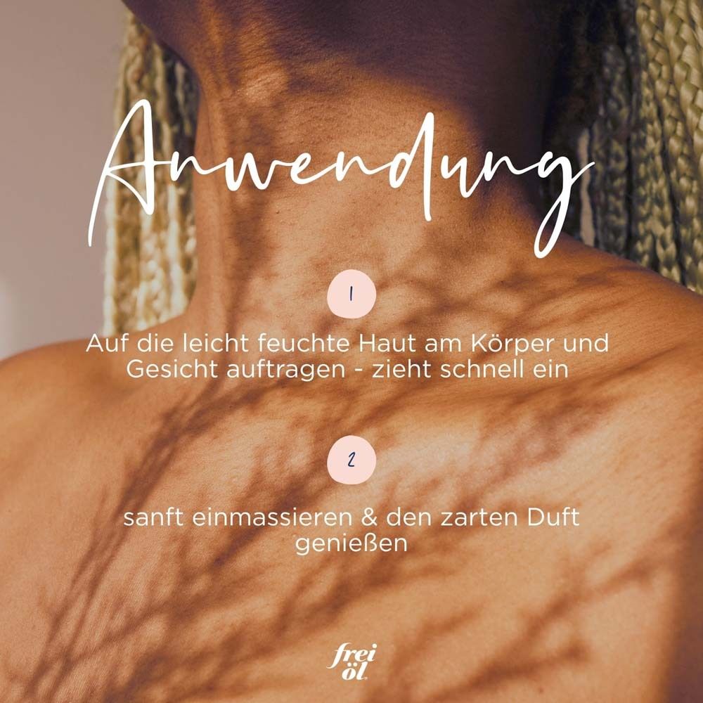Anwendung von Frei Öl Anti-Age Öl. Auf feuchte Haut auftragen und einmassieren. Zarter Duft.