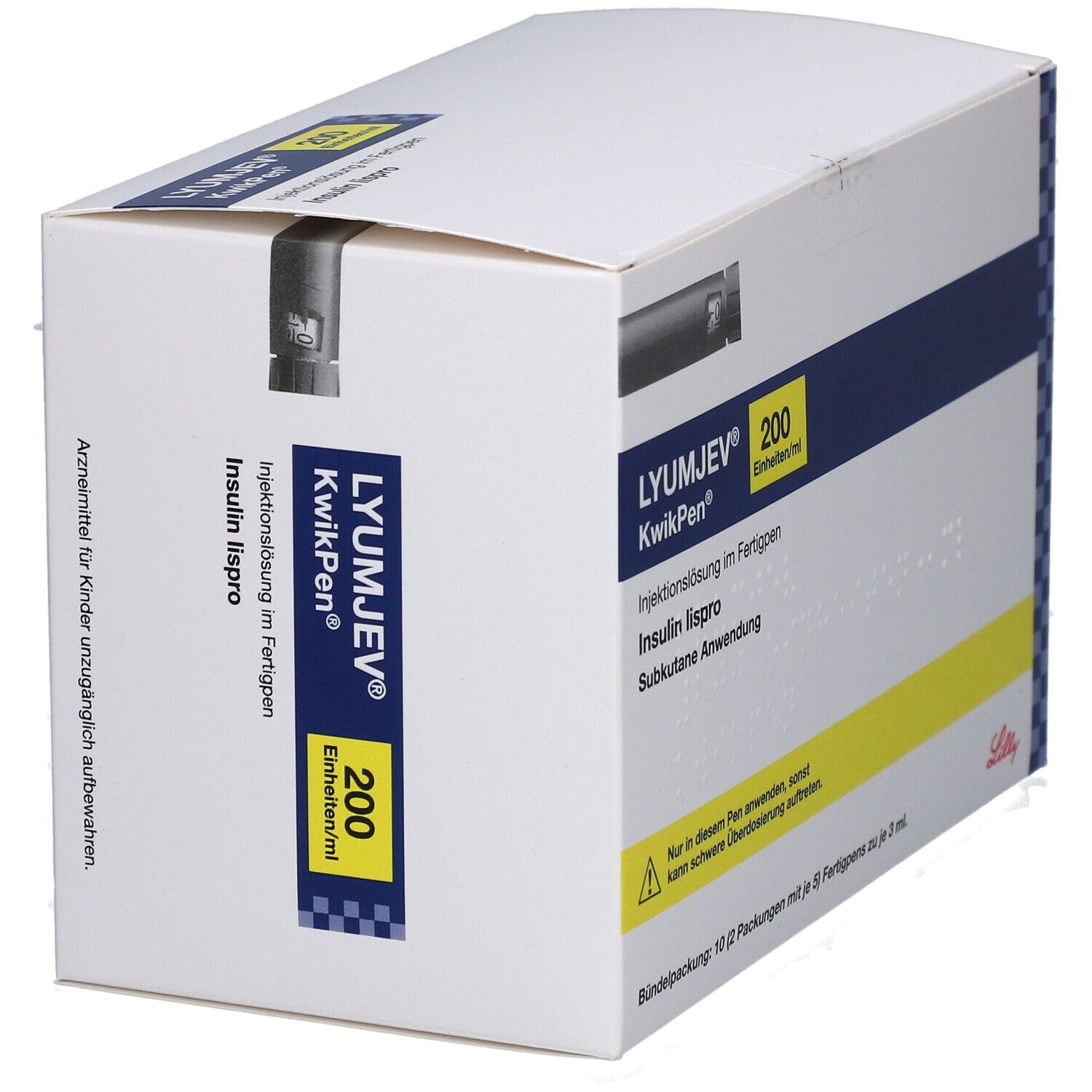 Weiße Kartonverpackung mit blauer und gelber Beschriftung. Enthält einen Fertigpen. Text: LYUMJEV 200 Einheiten/ml KwikPen.